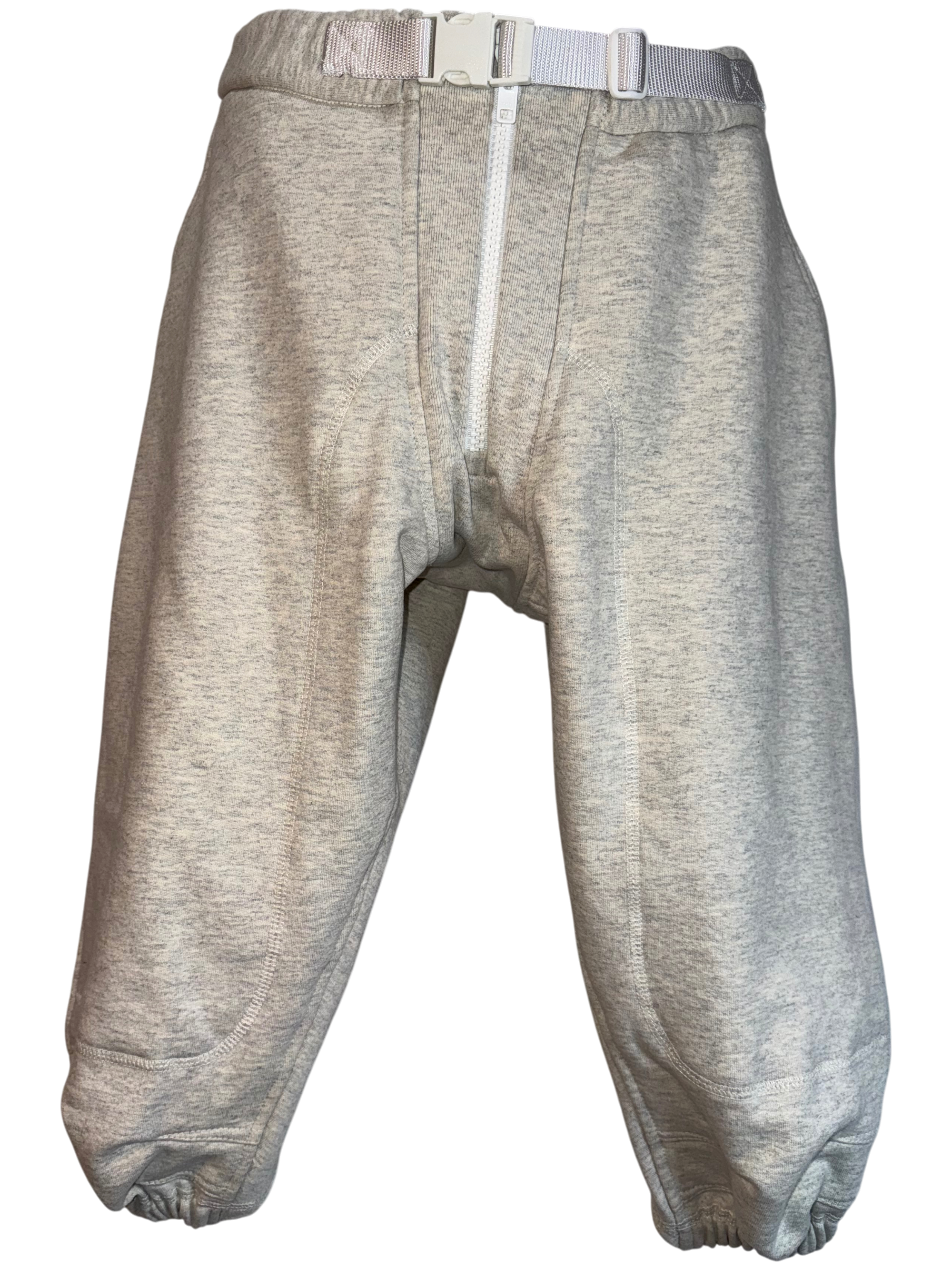 Gray jogger pants on a white background.