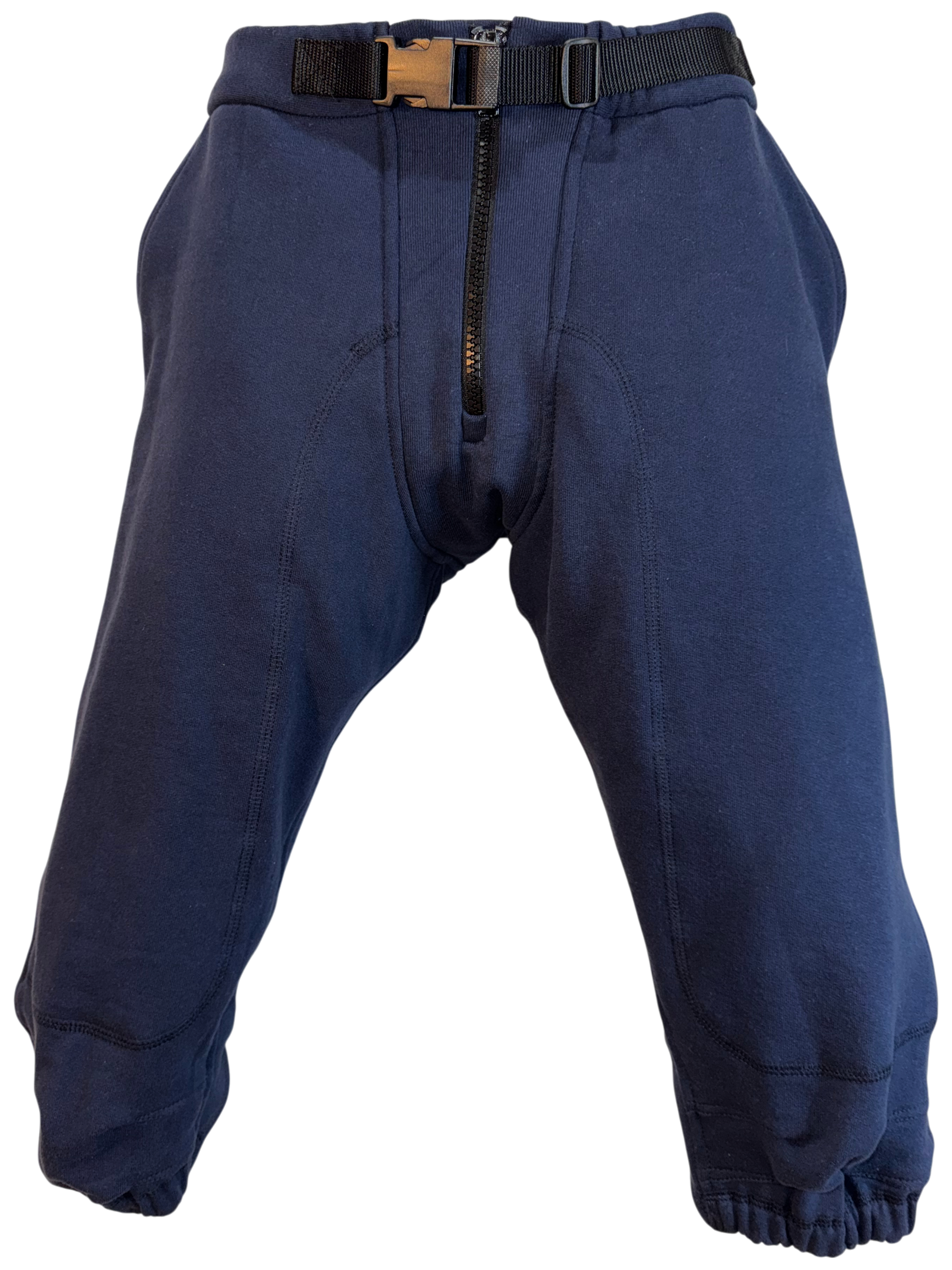 Blue pants with a belt on a white background.