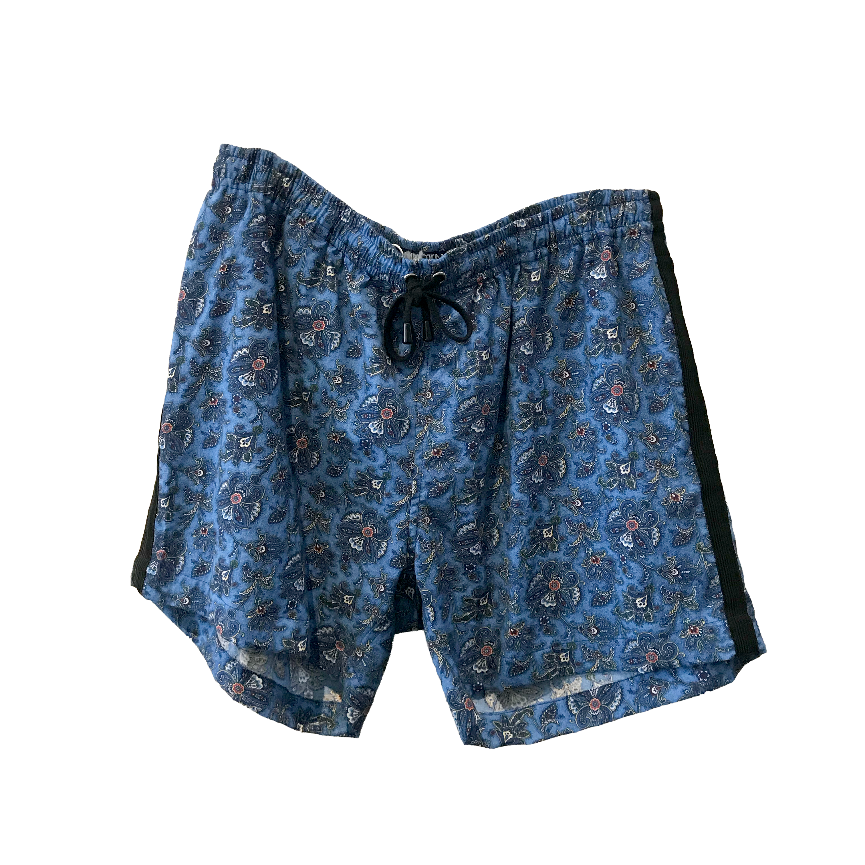 Blue patterned shorts with a drawstring on a white background.