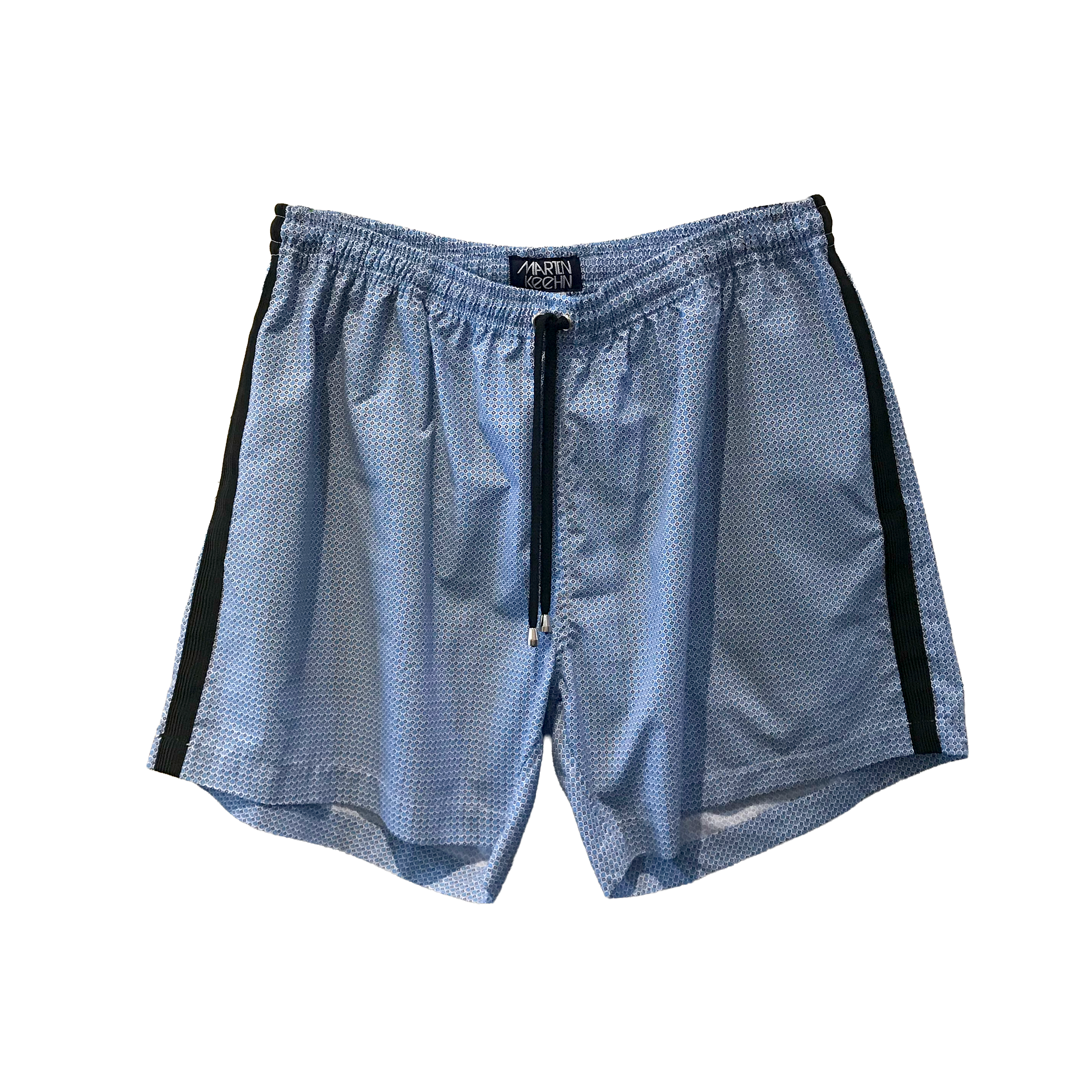 Blue patterned shorts with black accents on a white background.