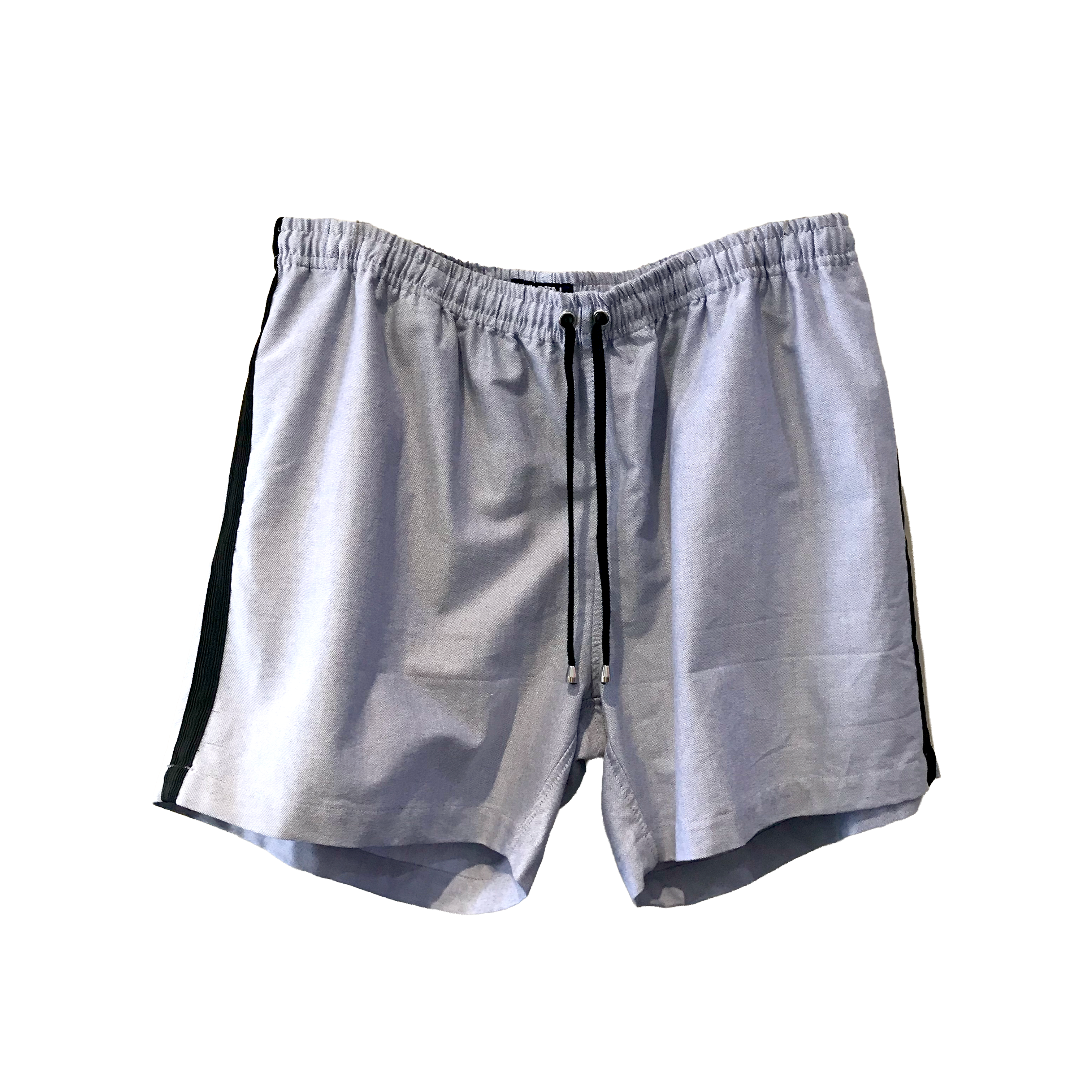 Gray shorts with a black drawstring on a white background.