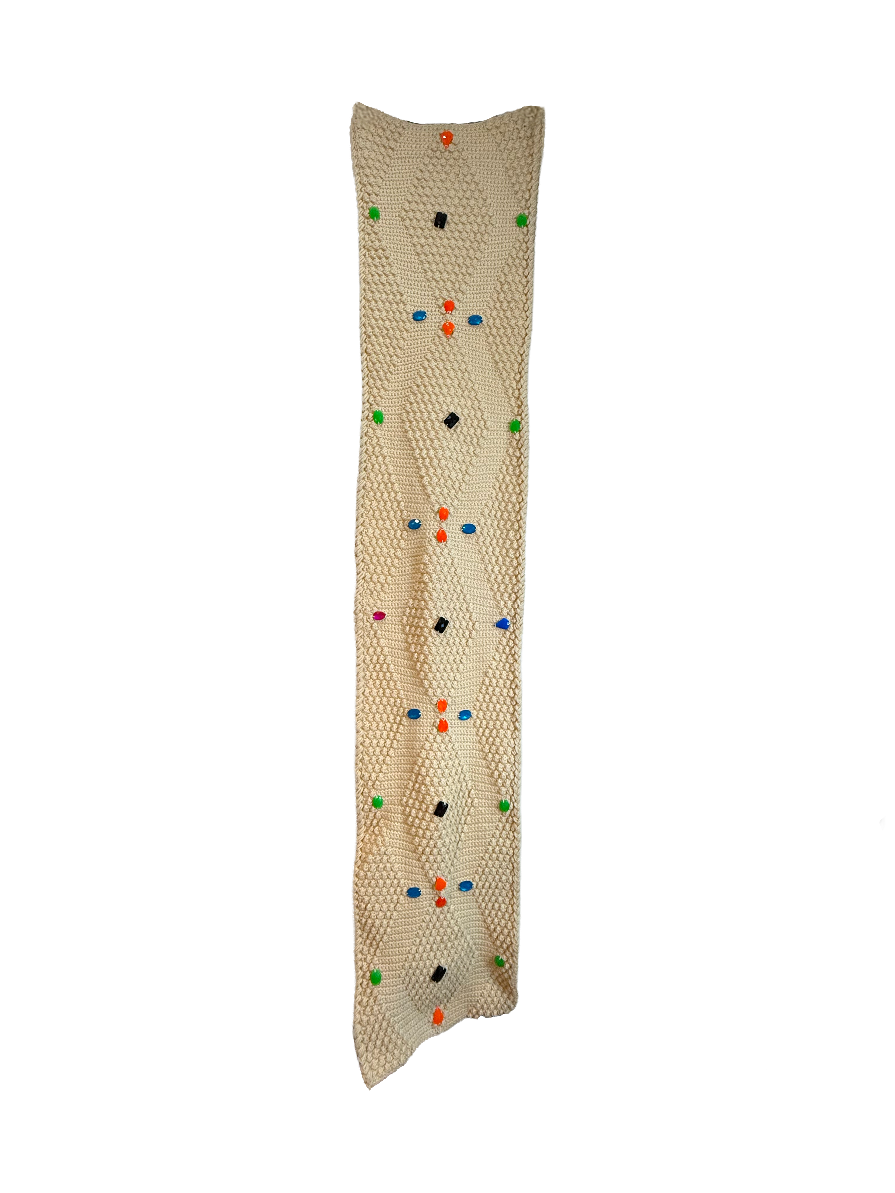 A long, narrow woven textile with a cream or beige base and small scattered multicolored dots in orange, green, blue, black, and pink, shown on a plain white background.