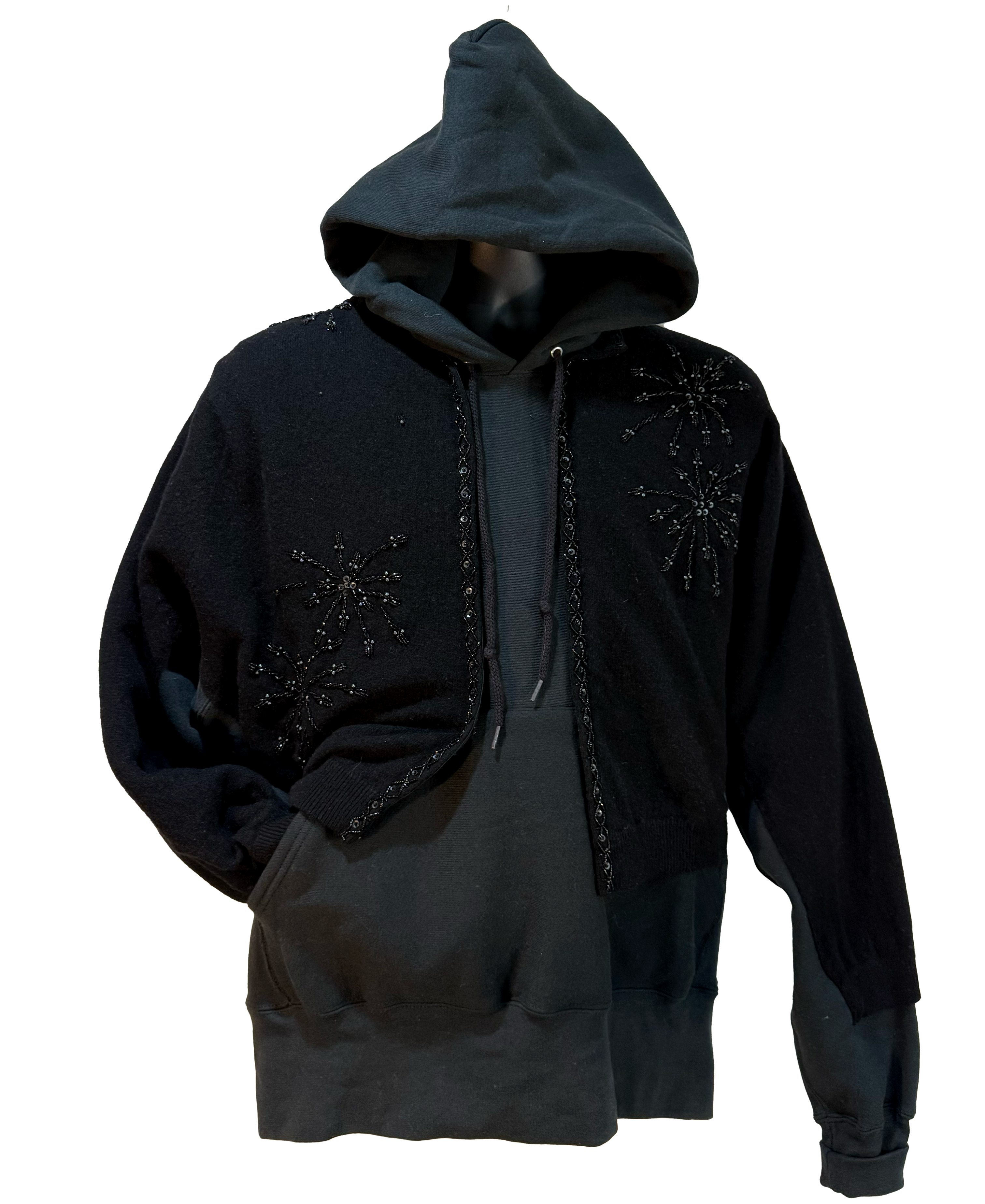 Black hoodie with star patterns on a white background