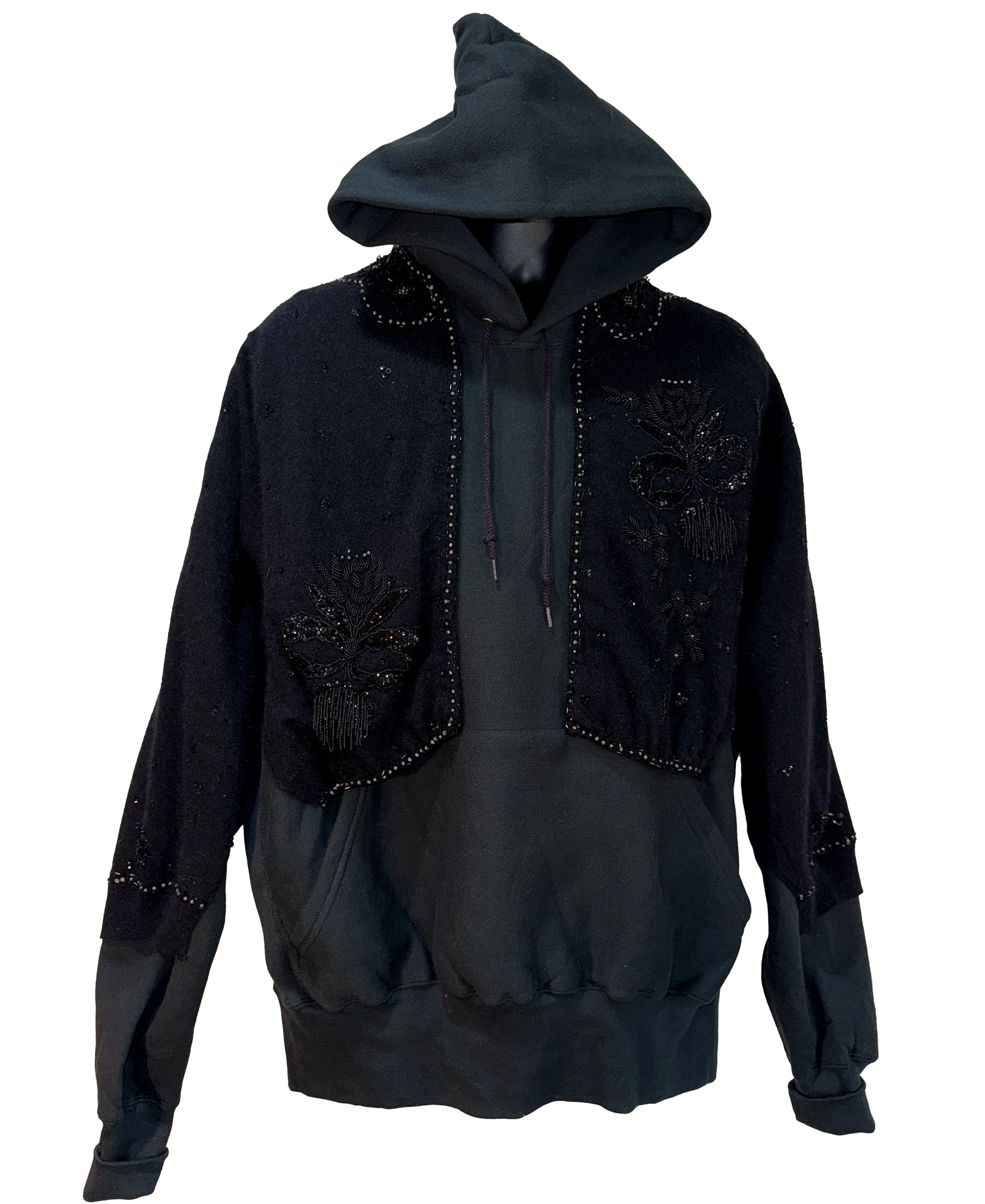 Black hoodie with decorative elements on a white background