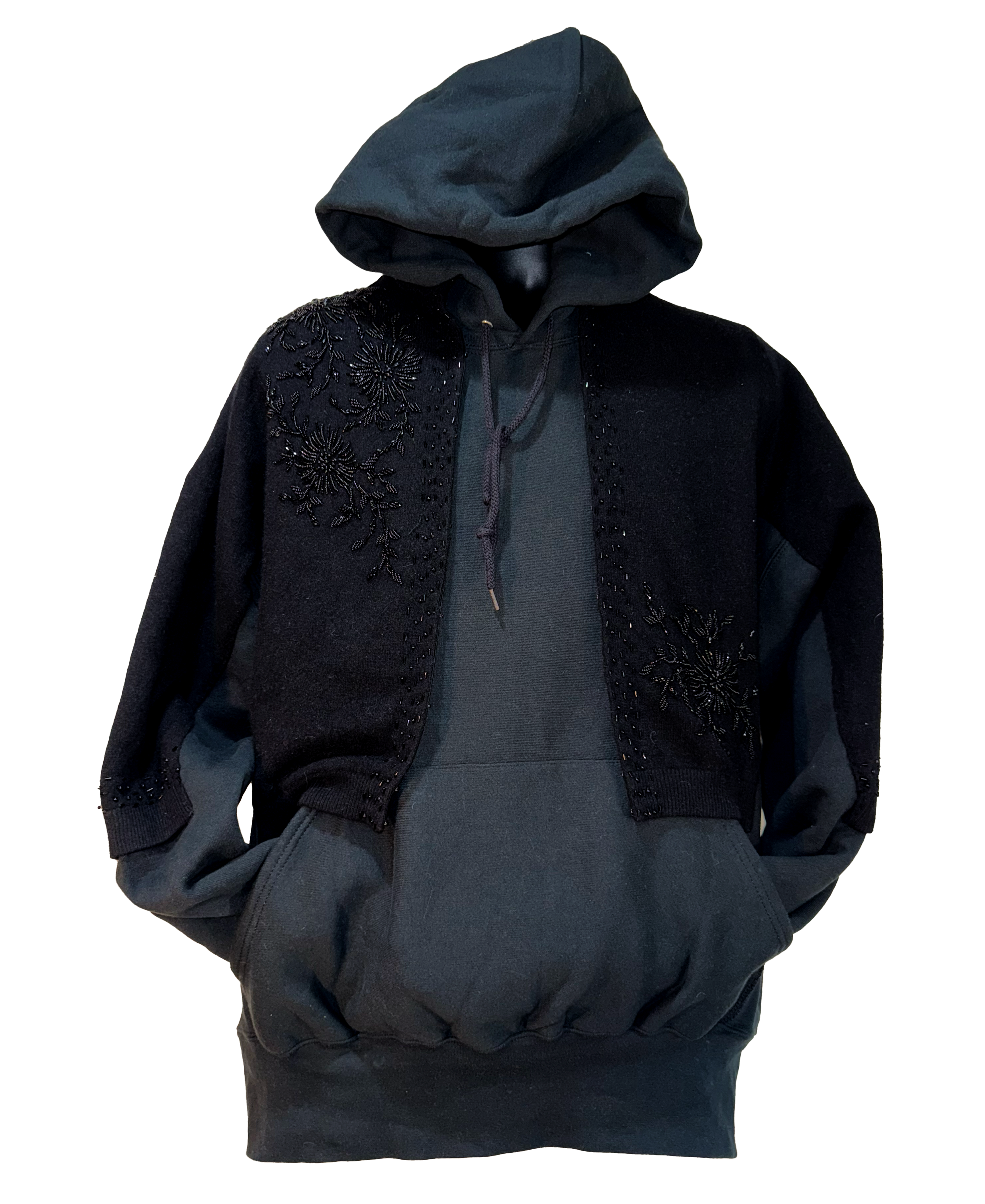 Black hoodie with textured sleeves on a white background