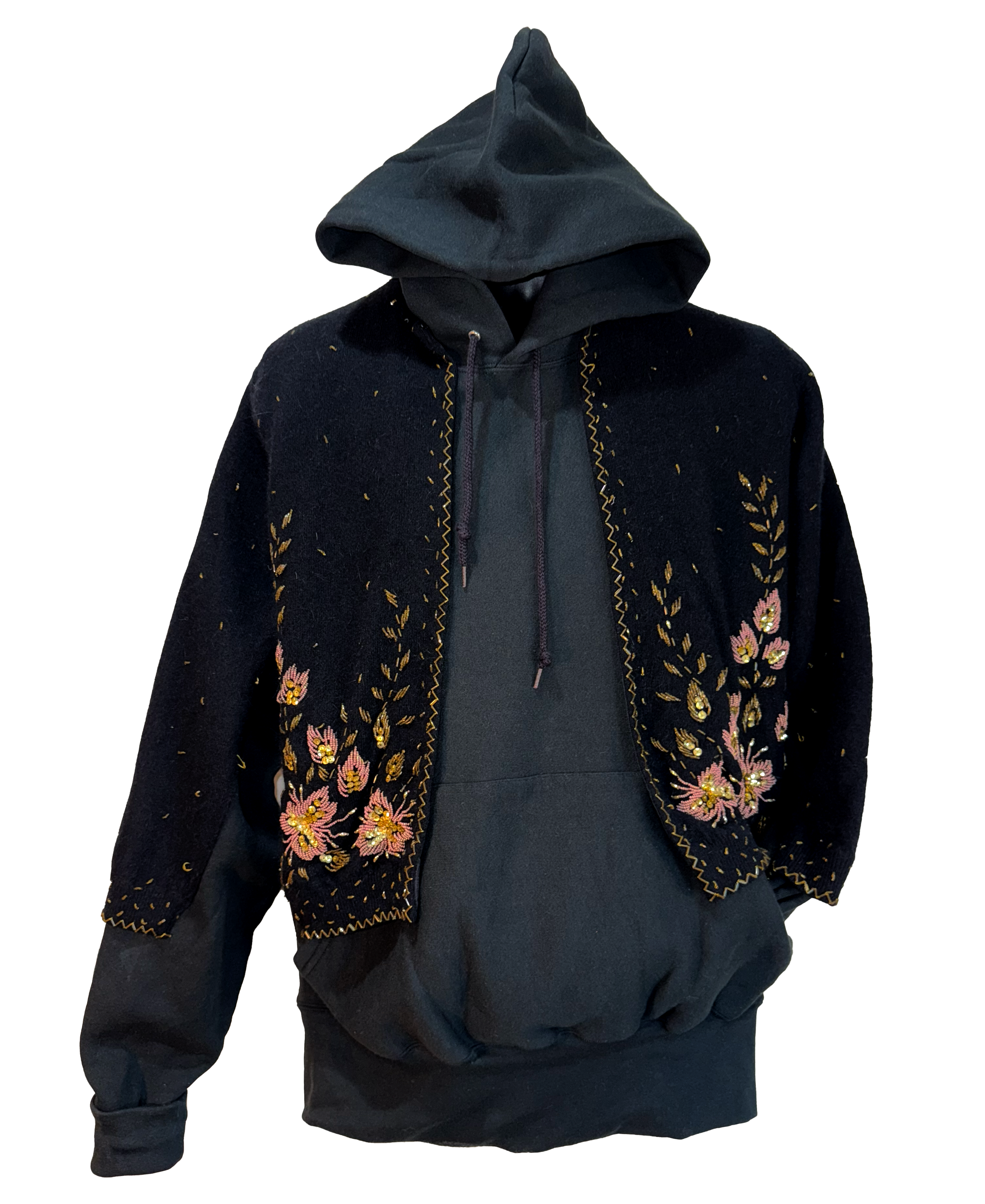 Black hoodie with floral embroidery on a white background