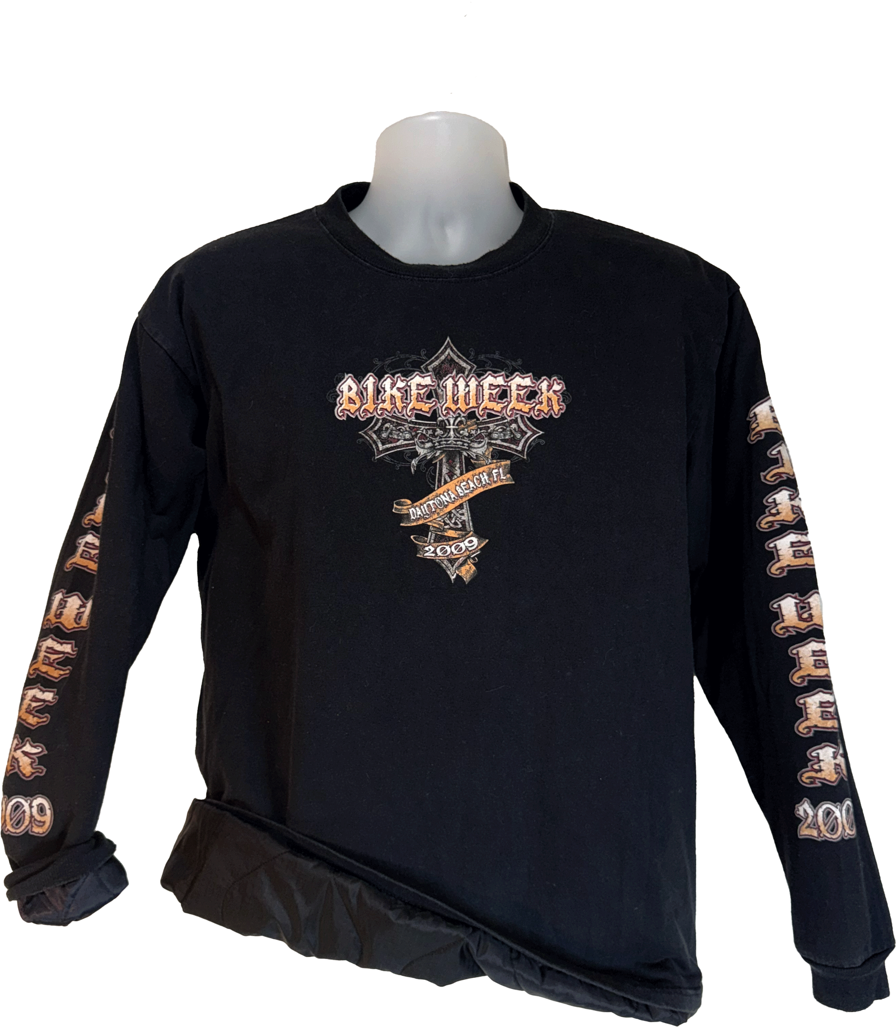 Black long-sleeve shirt with 'Bike Week' graphic on a mannequin against a white background