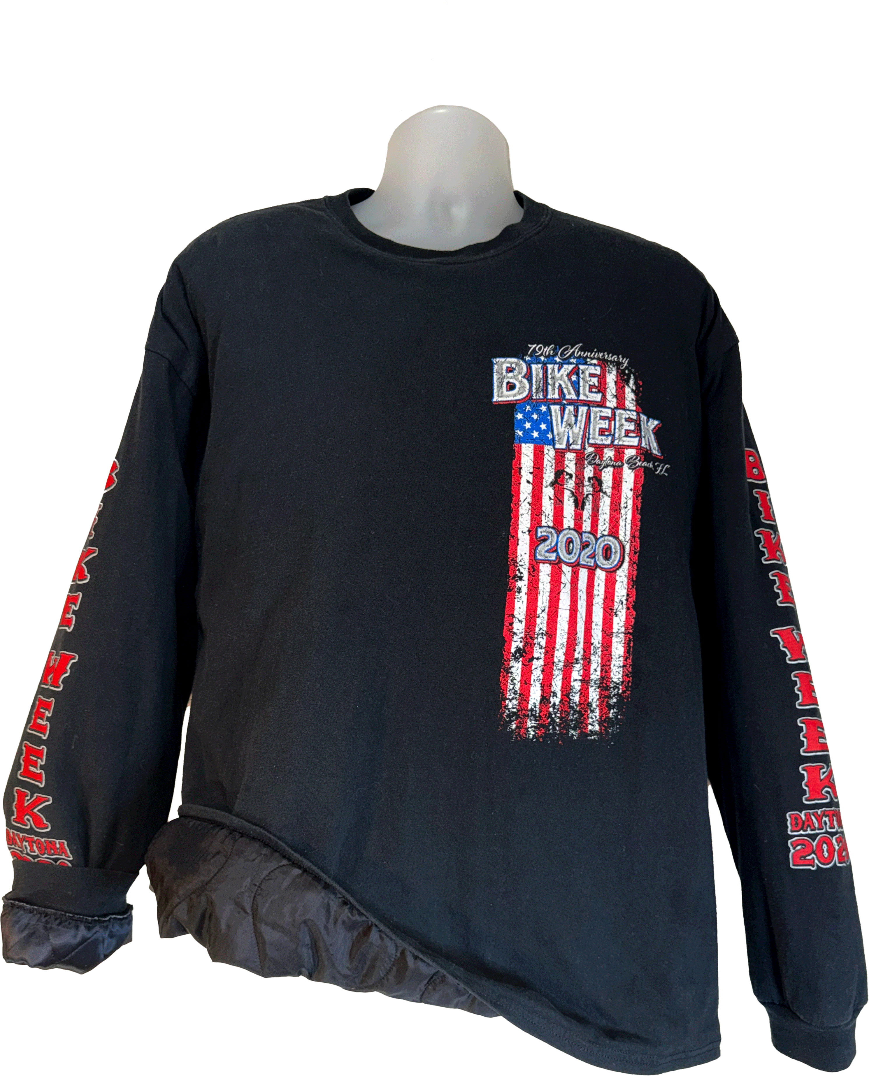 Black long-sleeve shirt with 'Bike Week 2020' design on a mannequin against a white background