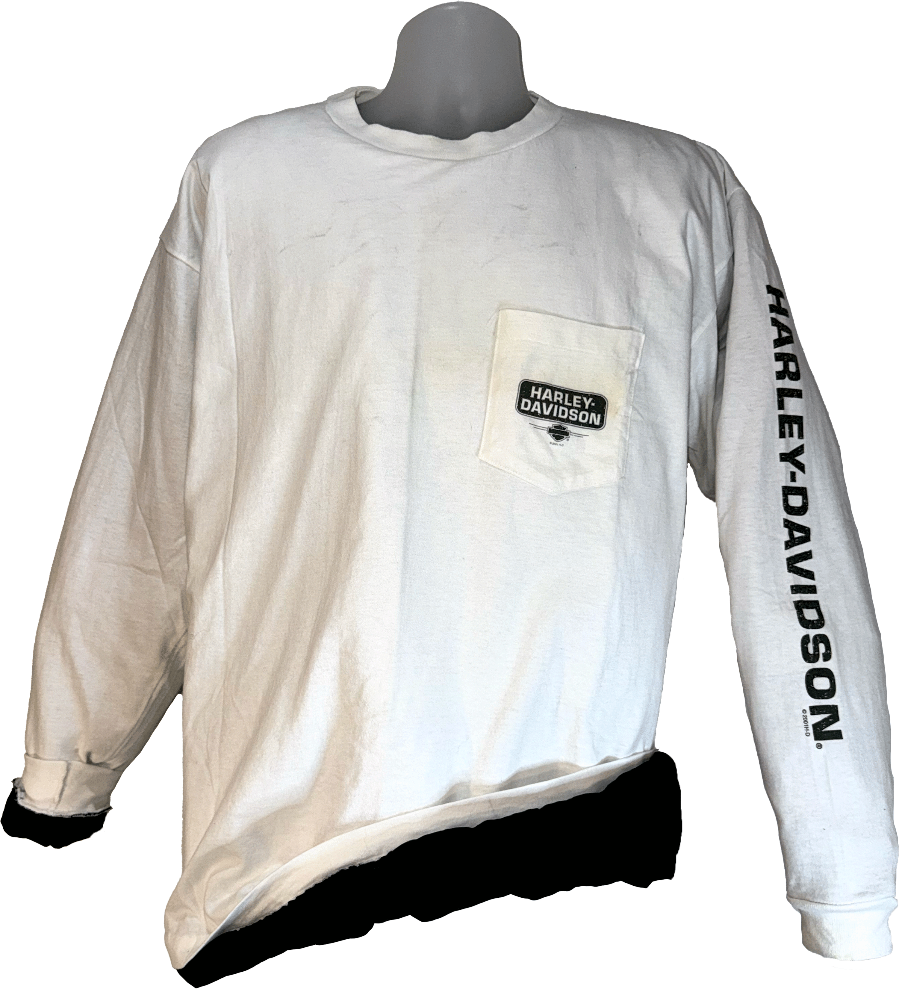 White long-sleeve shirt with Harley-Davidson logo on a mannequin against a white background