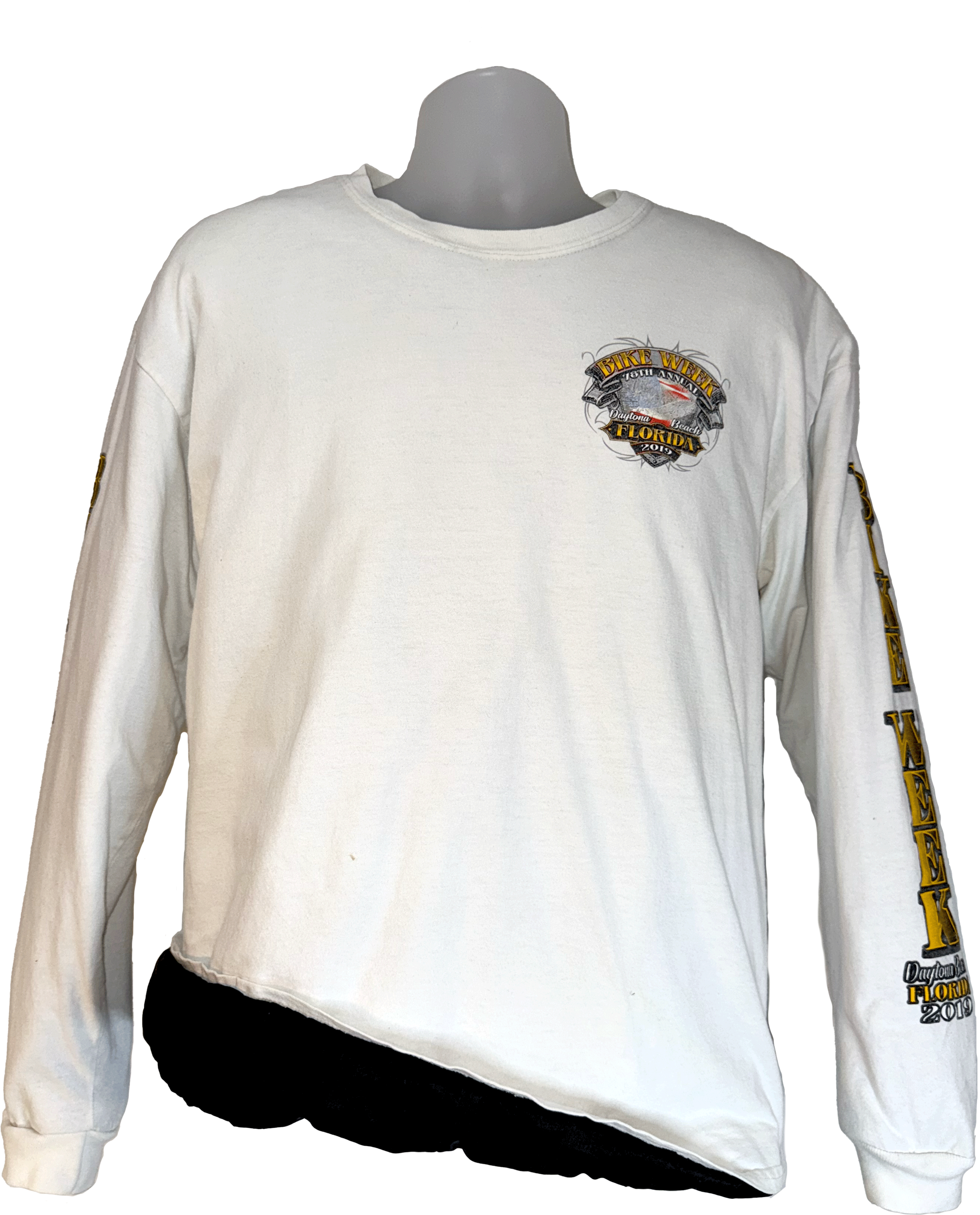 White long-sleeve shirt with a logo on a mannequin against a white background