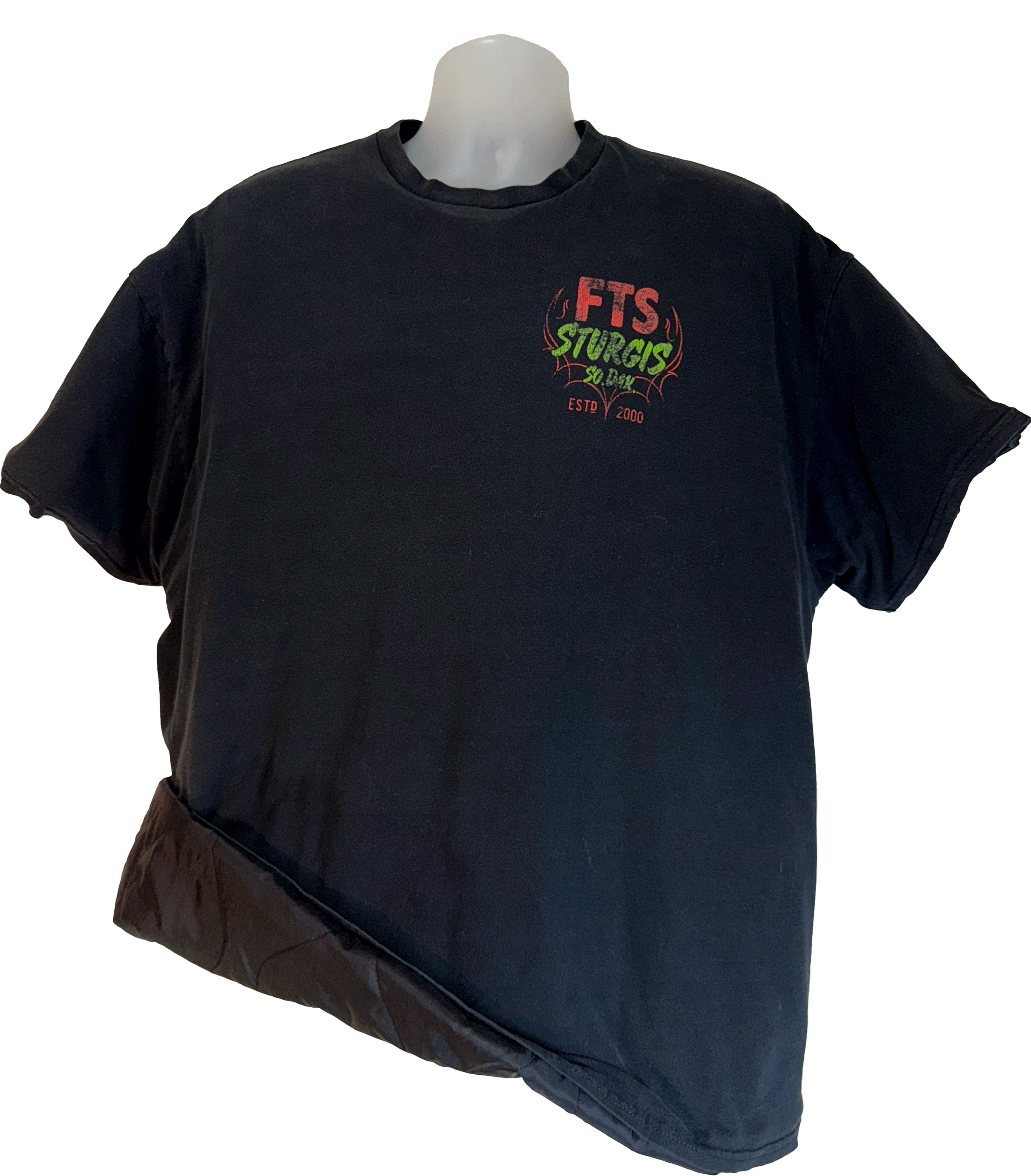 Black t-shirt with a logo on a white background