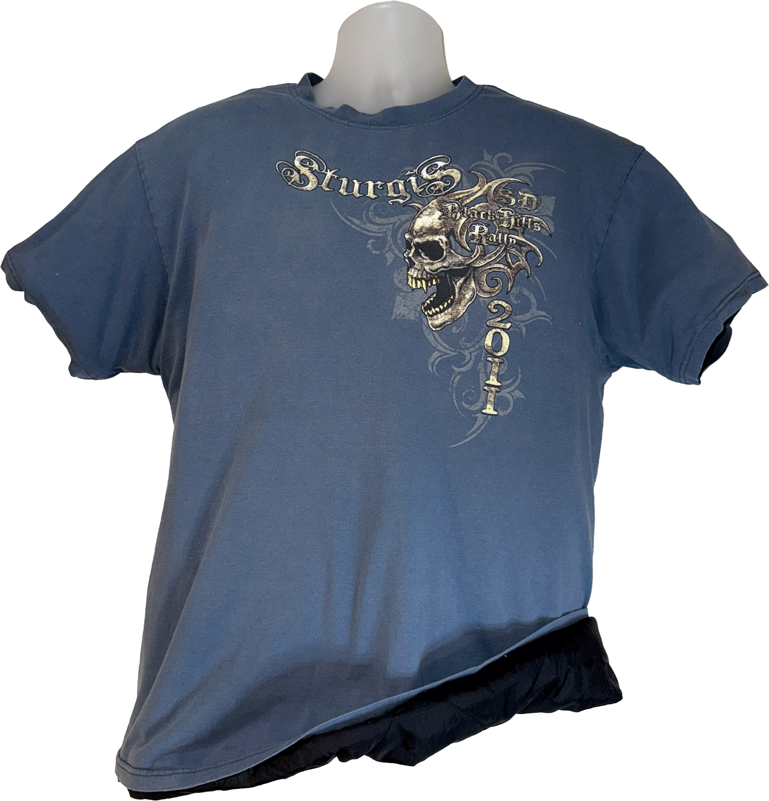 Blue t-shirt with skull design and 'Sturgis' text on a white background