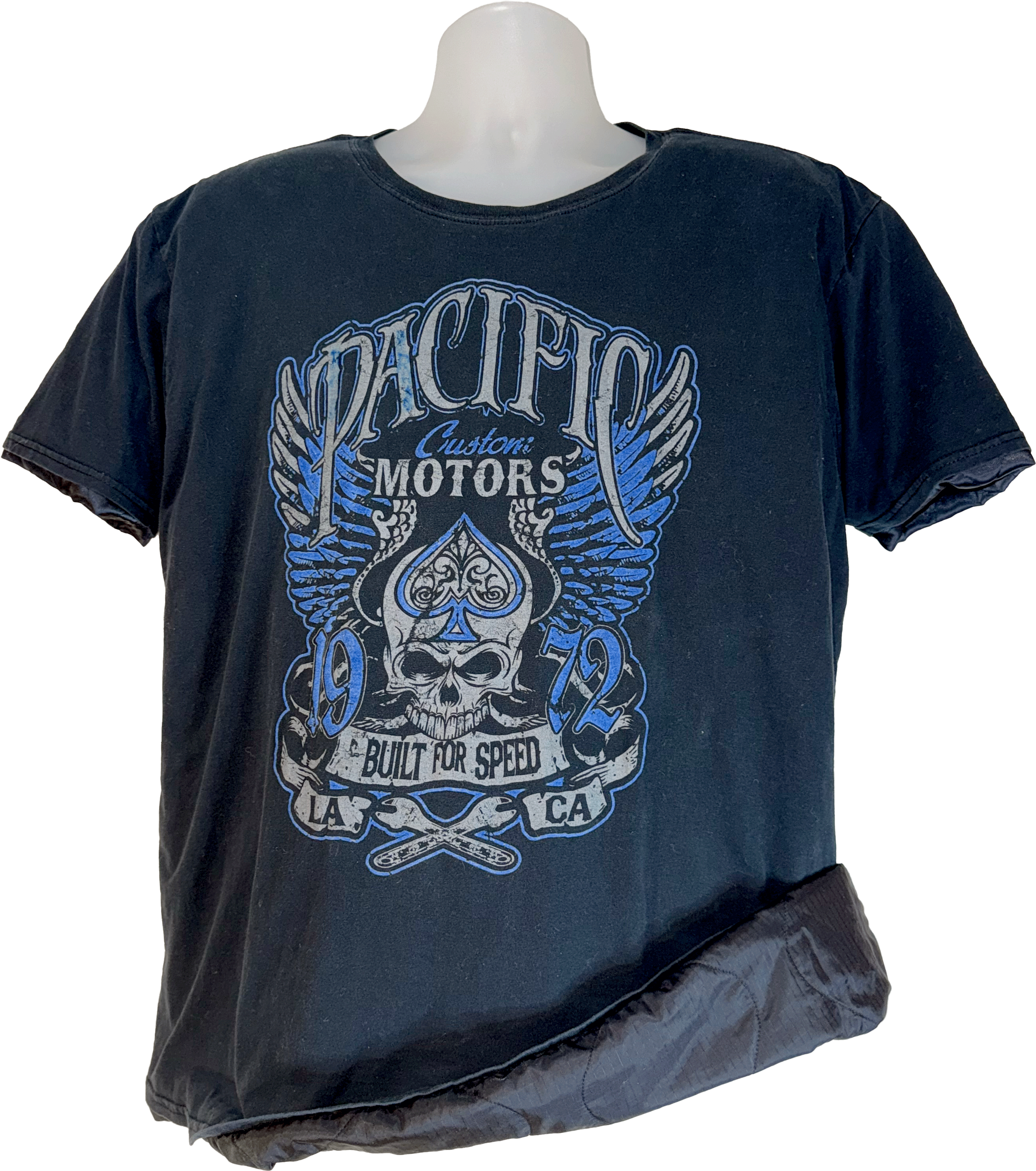 Black t-shirt with blue graphic design on a mannequin against a white background