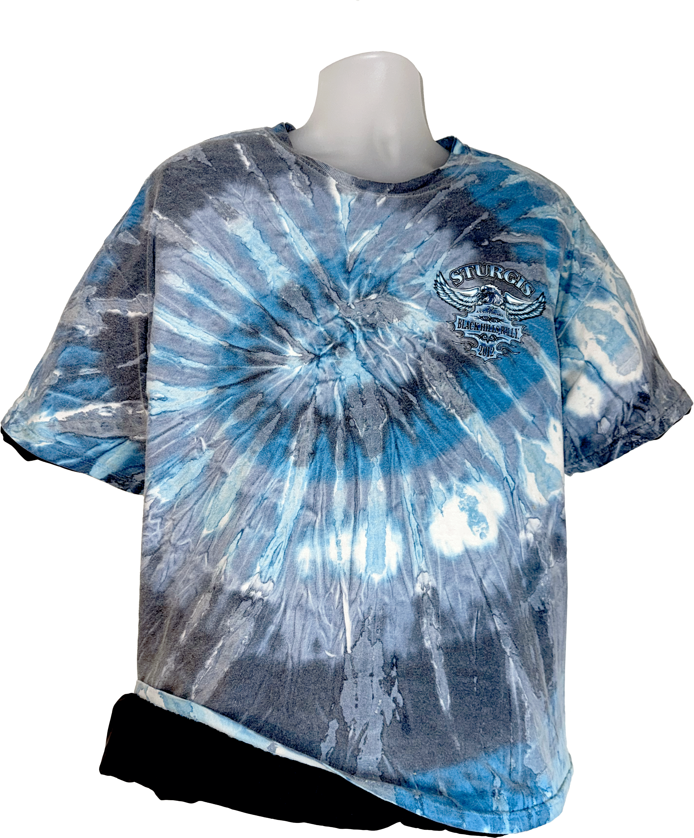 Tie-dye shirt with a logo on a mannequin against a white background