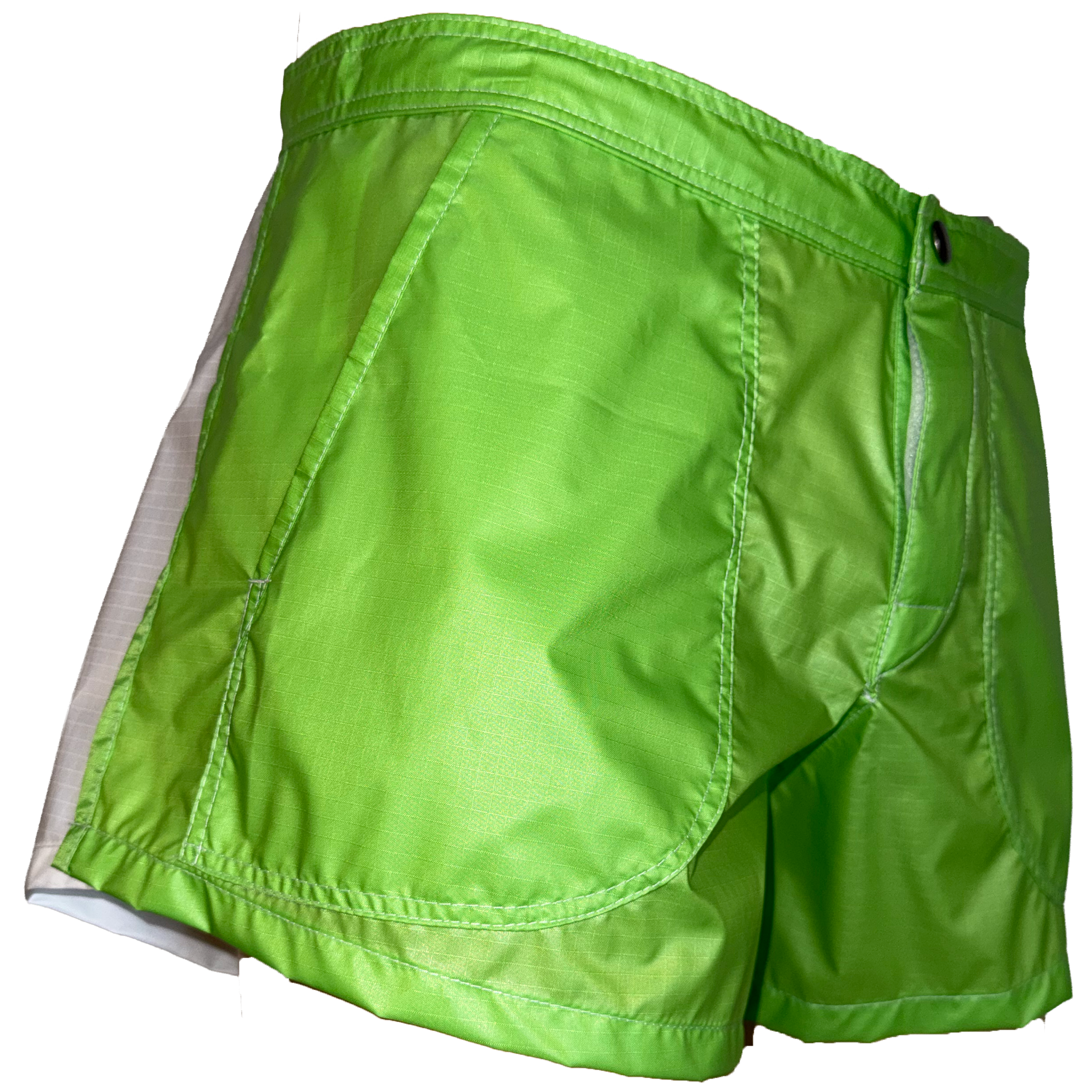 Bright lime green athletic shorts with a zippered front and side pockets, shown on a plain white background.