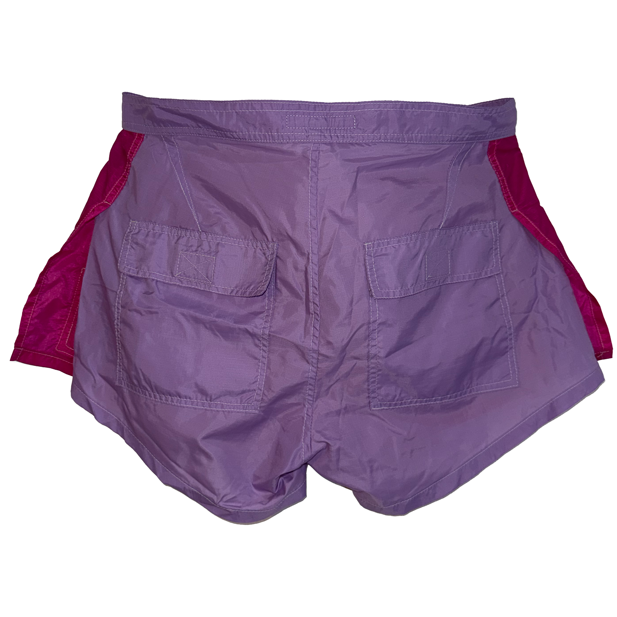 Purple athletic shorts with magenta side panels, shown from the back on a white background.