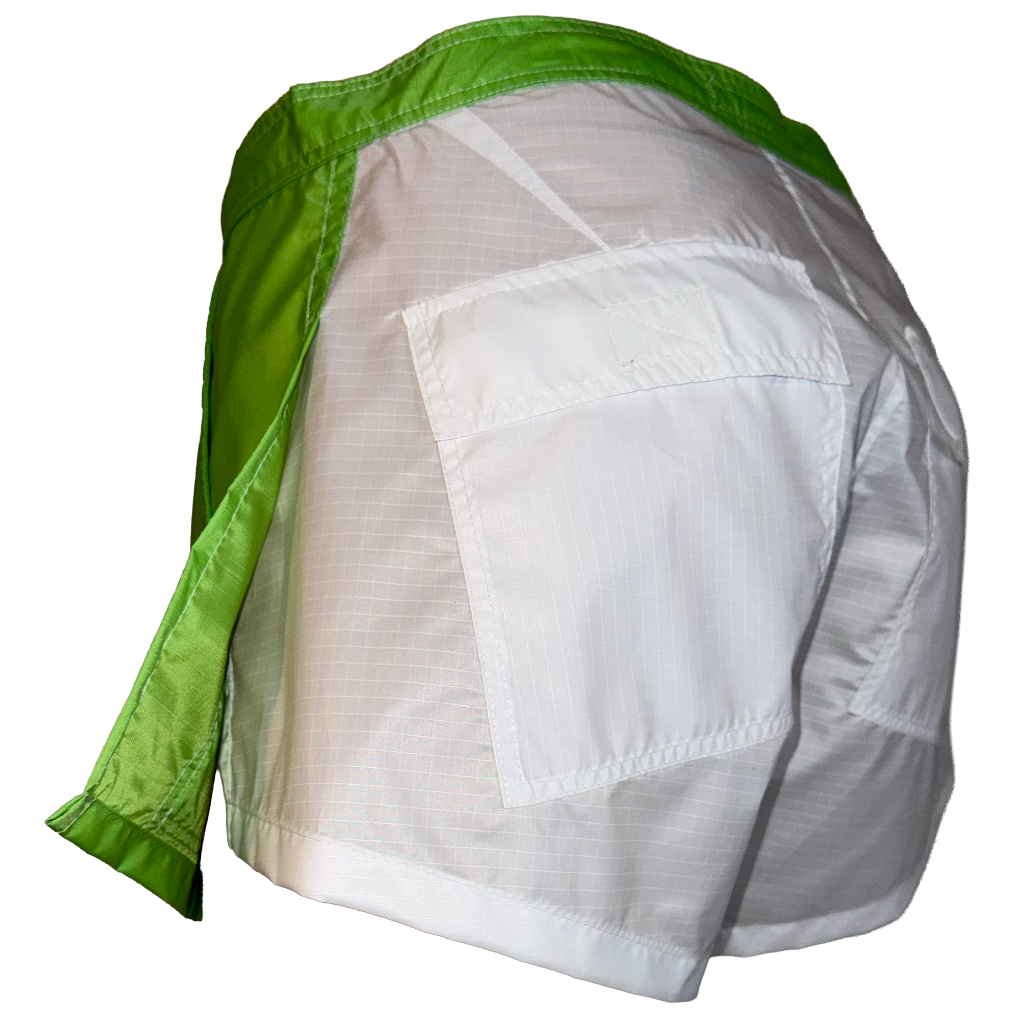 White lightweight fabric garment with a large back pocket and bright green trim, shown from the back on a plain white background.