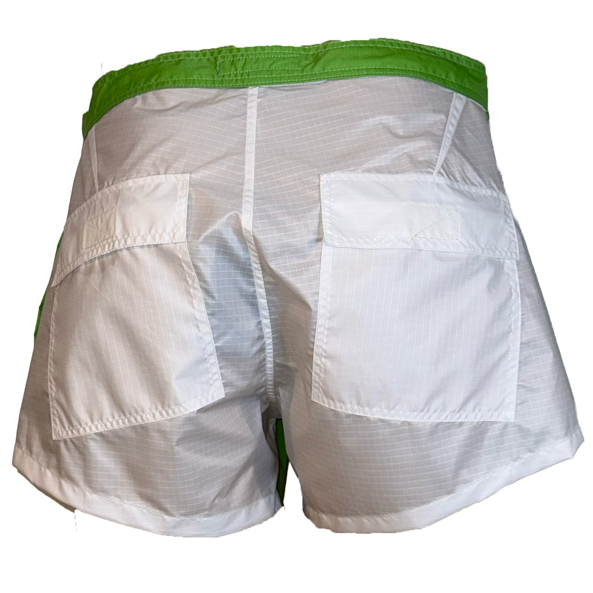 White lightweight shorts with a bright green waistband and green side detailing, shown from the back on a white background.