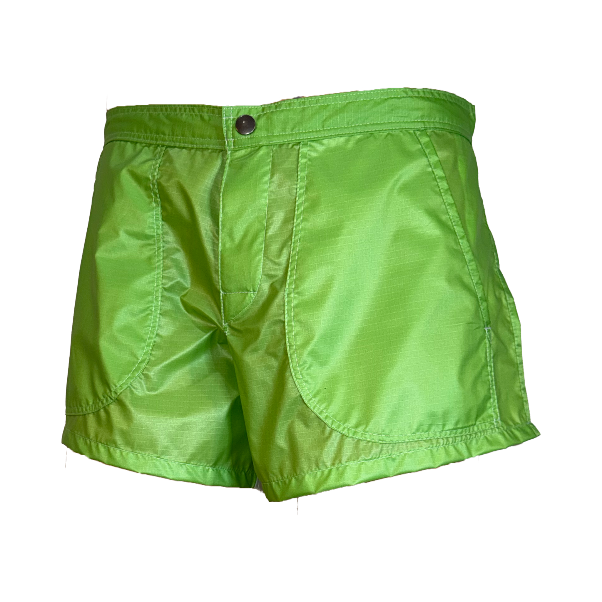 Bright lime green athletic shorts with a shiny synthetic fabric finish, featuring a button closure and two large front patch pockets, shown against a plain white background.