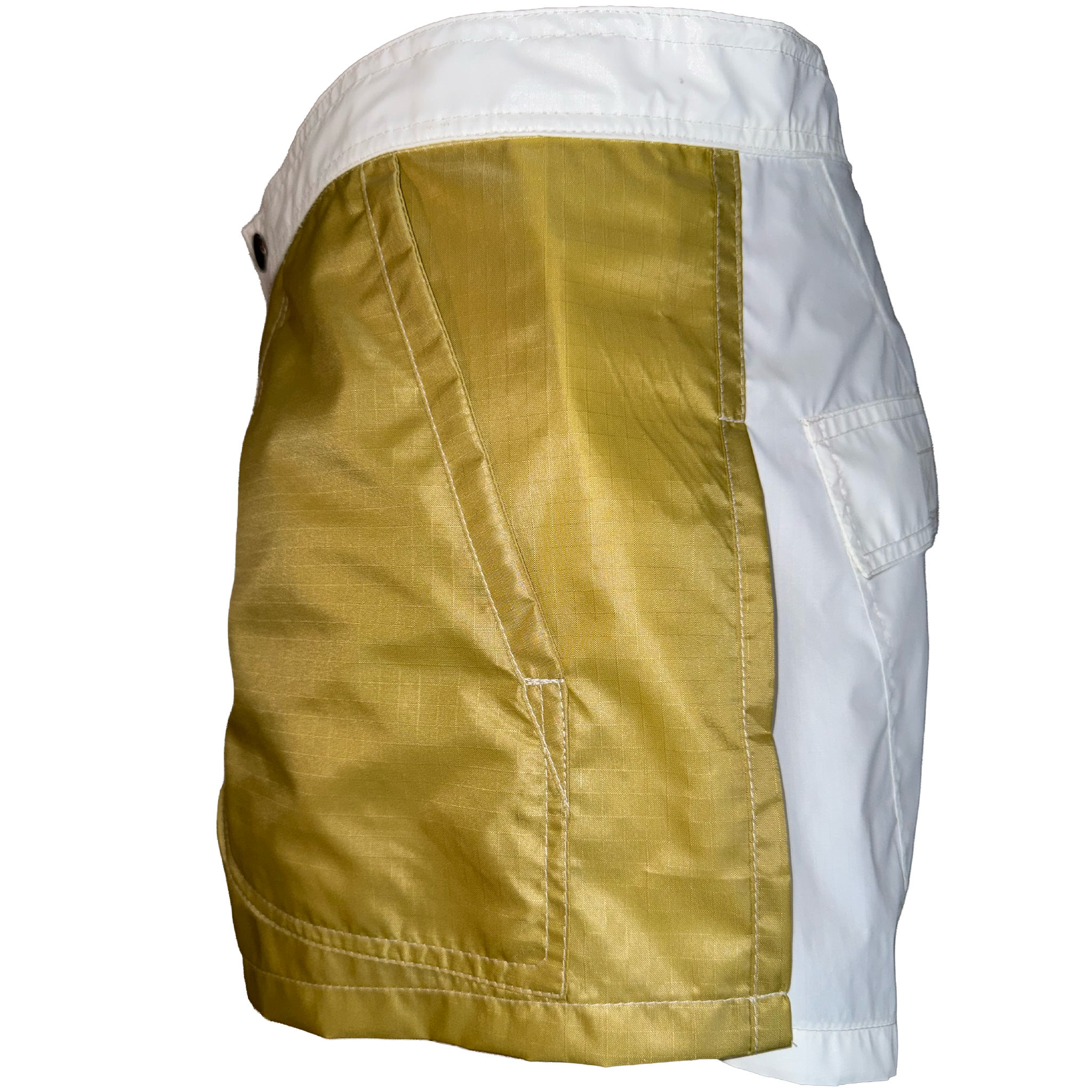 A pair of athletic shorts featuring a metallic gold front panel and white side panels, shown from a three-quarters back view against a plain white background.