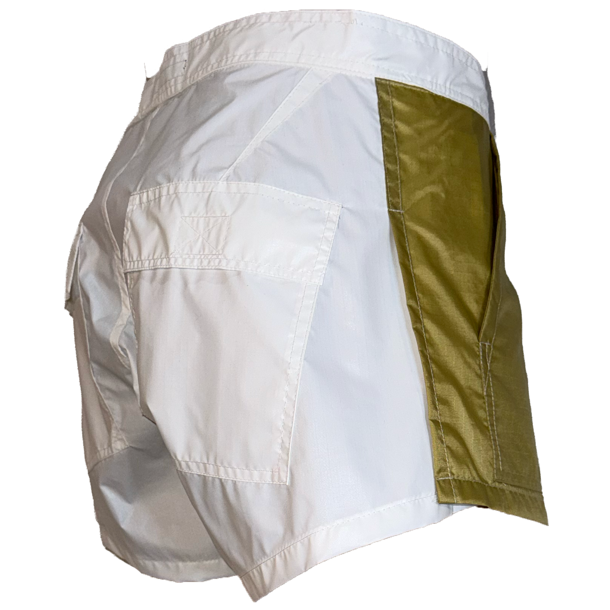 White athletic shorts with olive green side panels, shown from a rear three-quarter angle on a white background.
