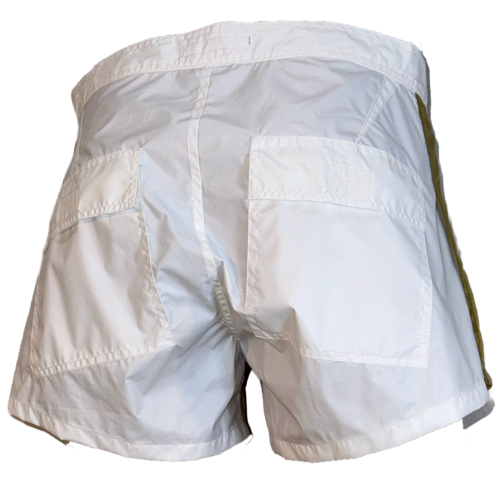 White cargo-style shorts shown from the back, featuring large patch pockets and a side stripe, photographed against a plain white background.