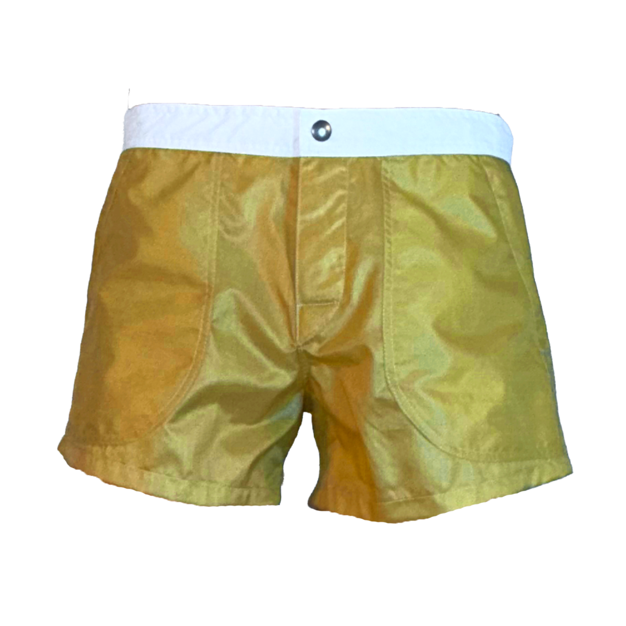 Metallic gold satin boxer briefs with a contrasting white waistband and a single silver snap button, shown against a plain white background.