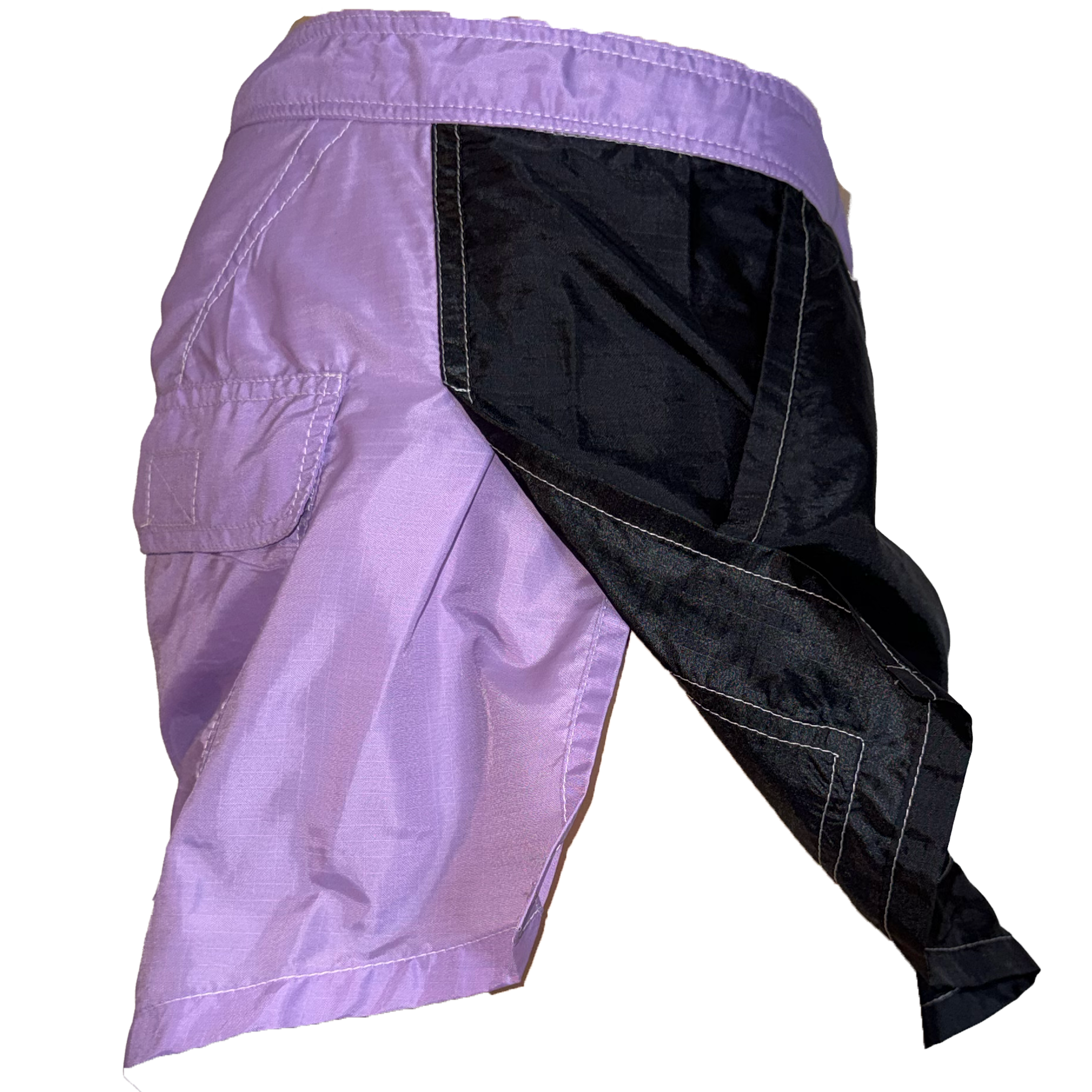 Purple and black athletic shorts with a zippered pocket, shown on a white background.