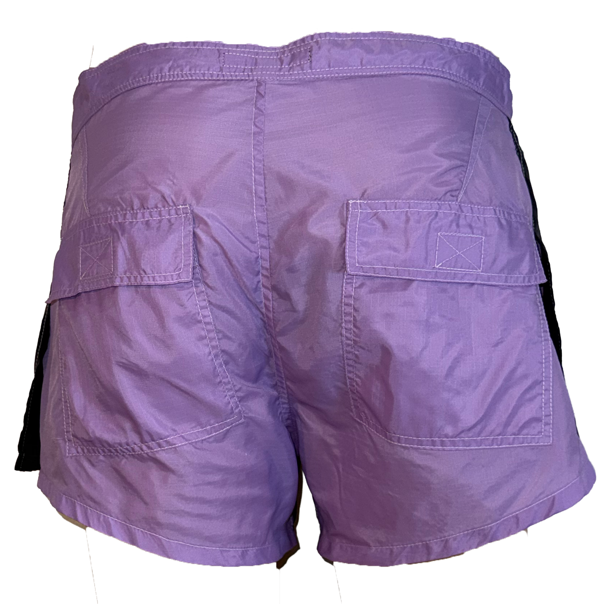 Purple cargo shorts with black side panels, shown from the back on a white background.