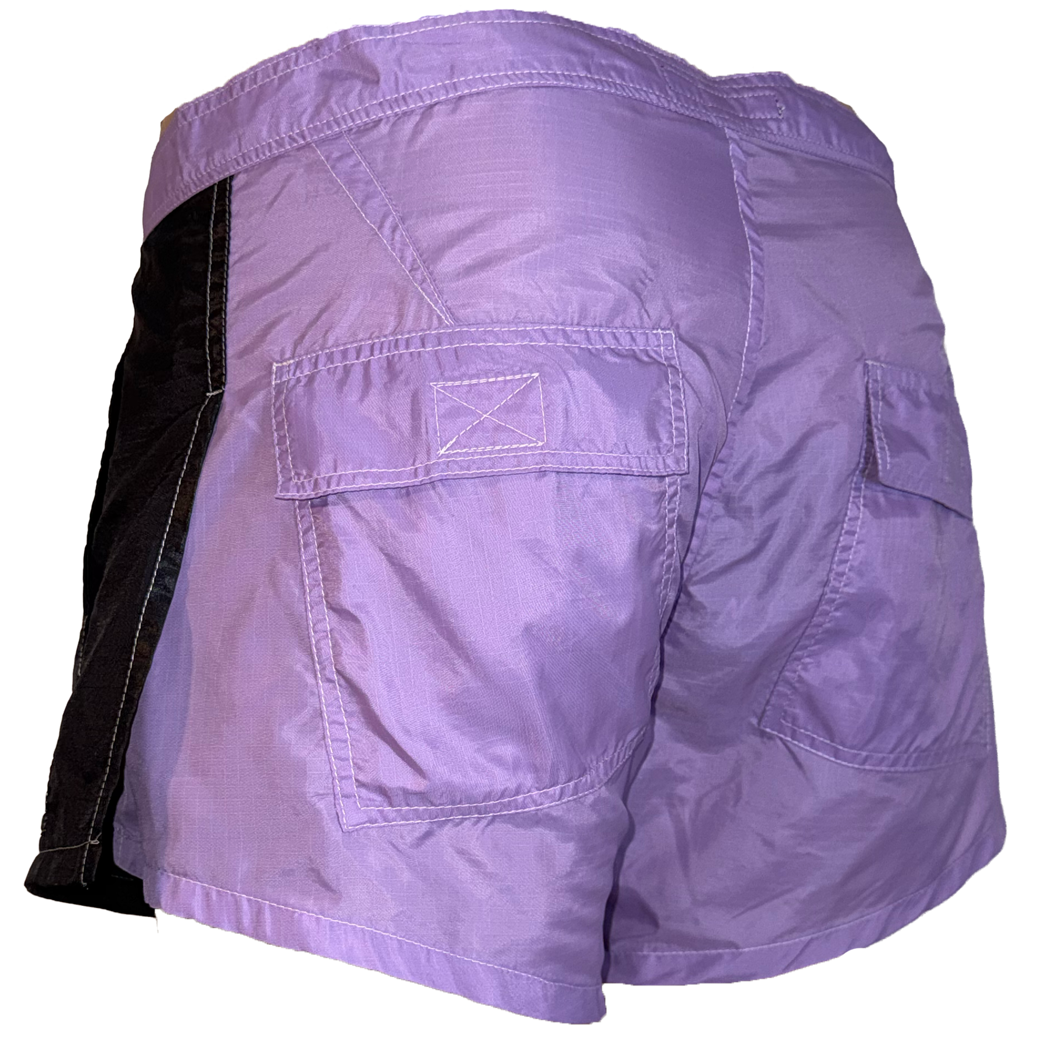 Purple lightweight cargo shorts with a black side panel, shown from a rear three-quarter angle against a white background.