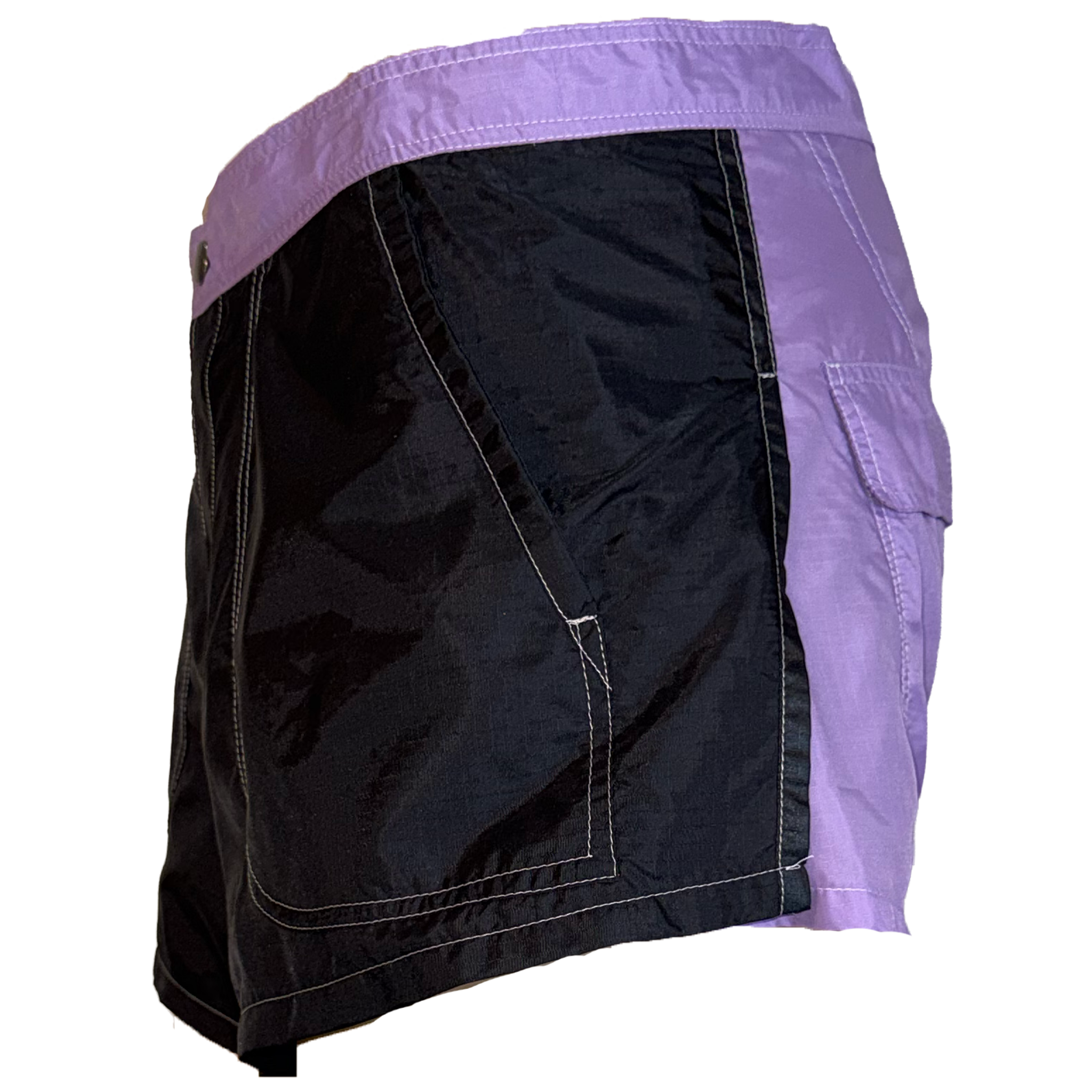 Colorblock cargo shorts in black, purple, and light purple, featuring a zippered pocket and cargo pocket, shown against a plain white background.