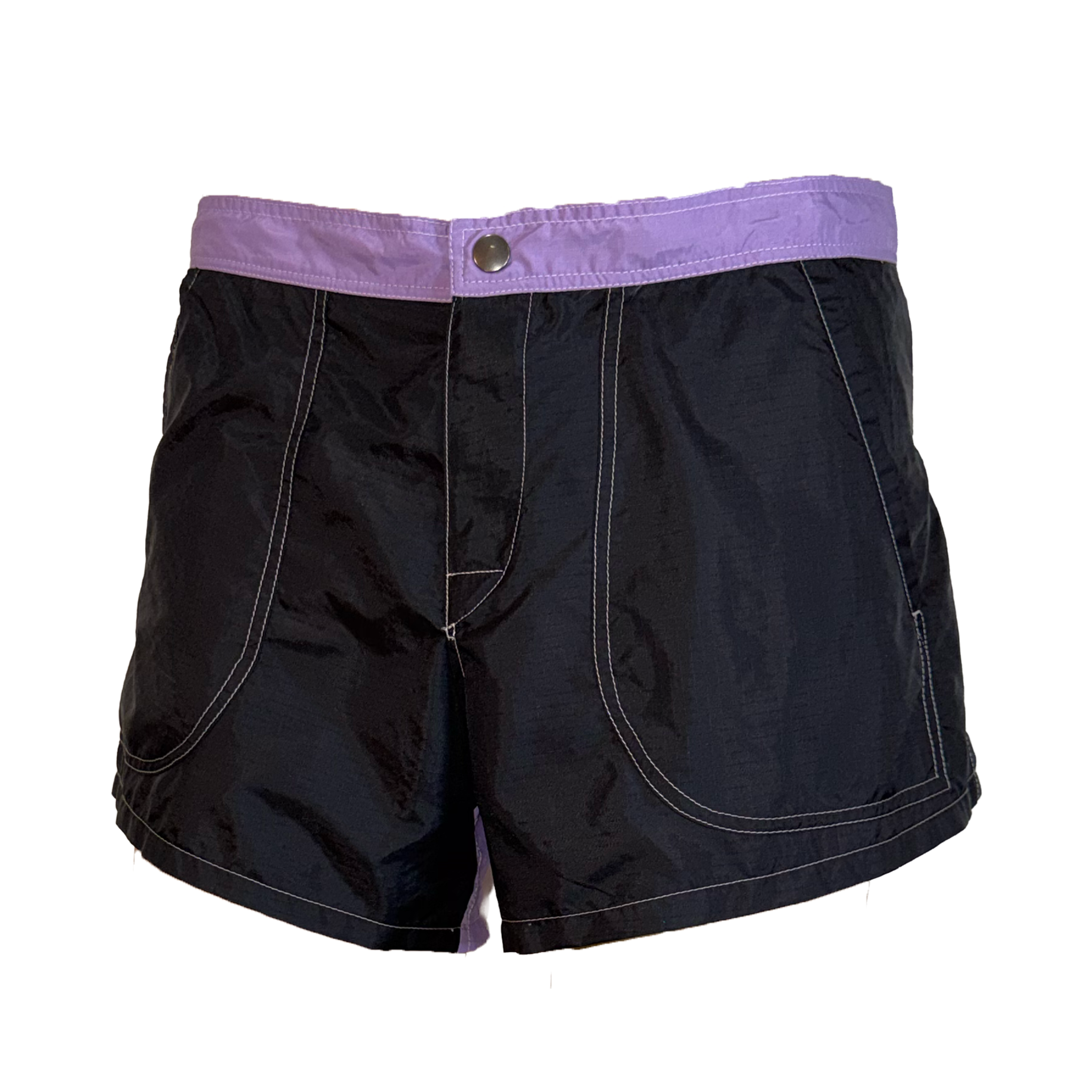 Black swim trunks with a contrasting purple waistband and white contrast stitching, featuring a button closure at the center front.