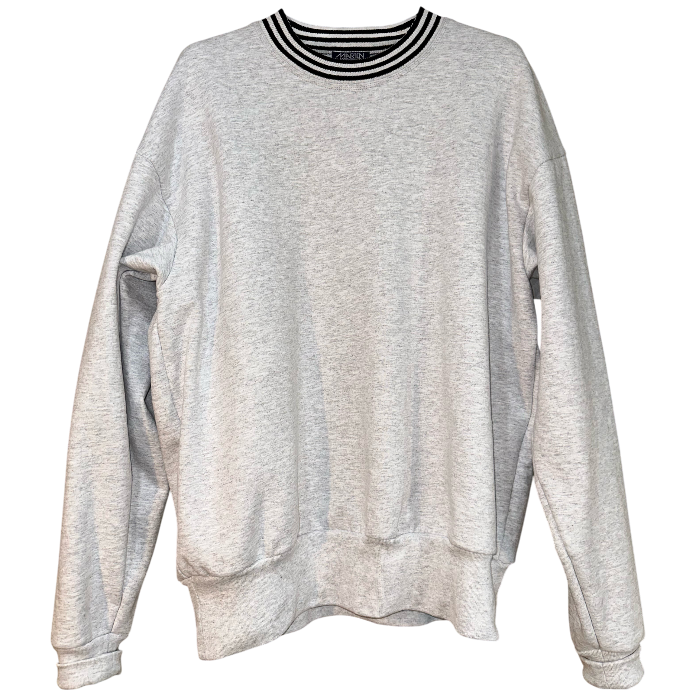 Gray sweatshirt with black trim on a white background.