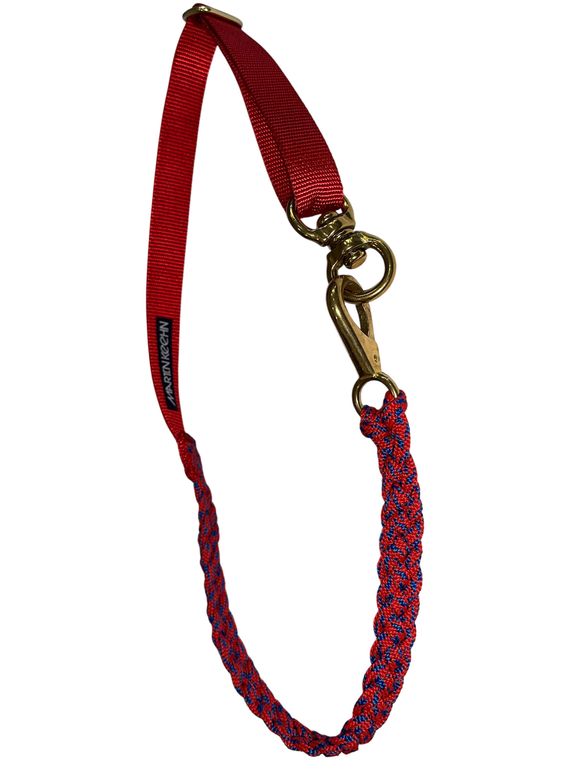Red and blue braided belt with brass clasp on a white background.