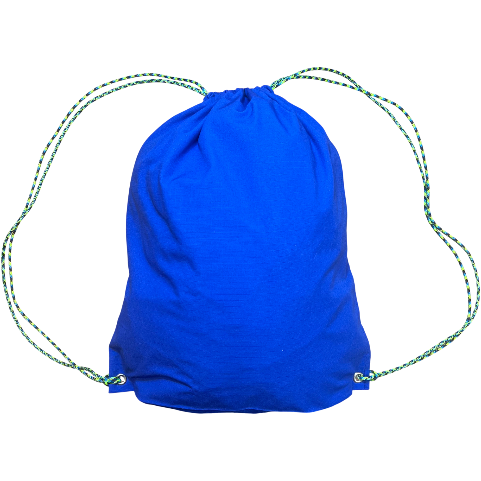 Blue drawstring bag on a white background.