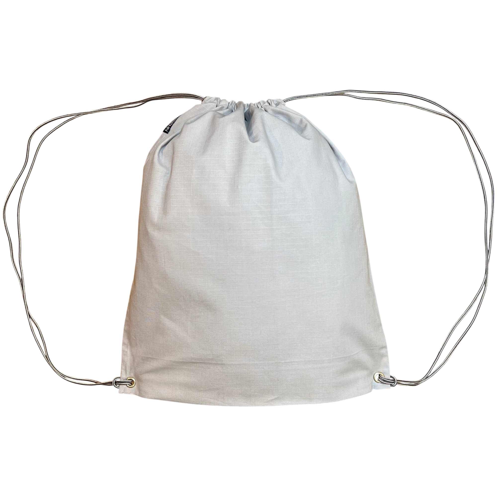 White drawstring bag on a white background.