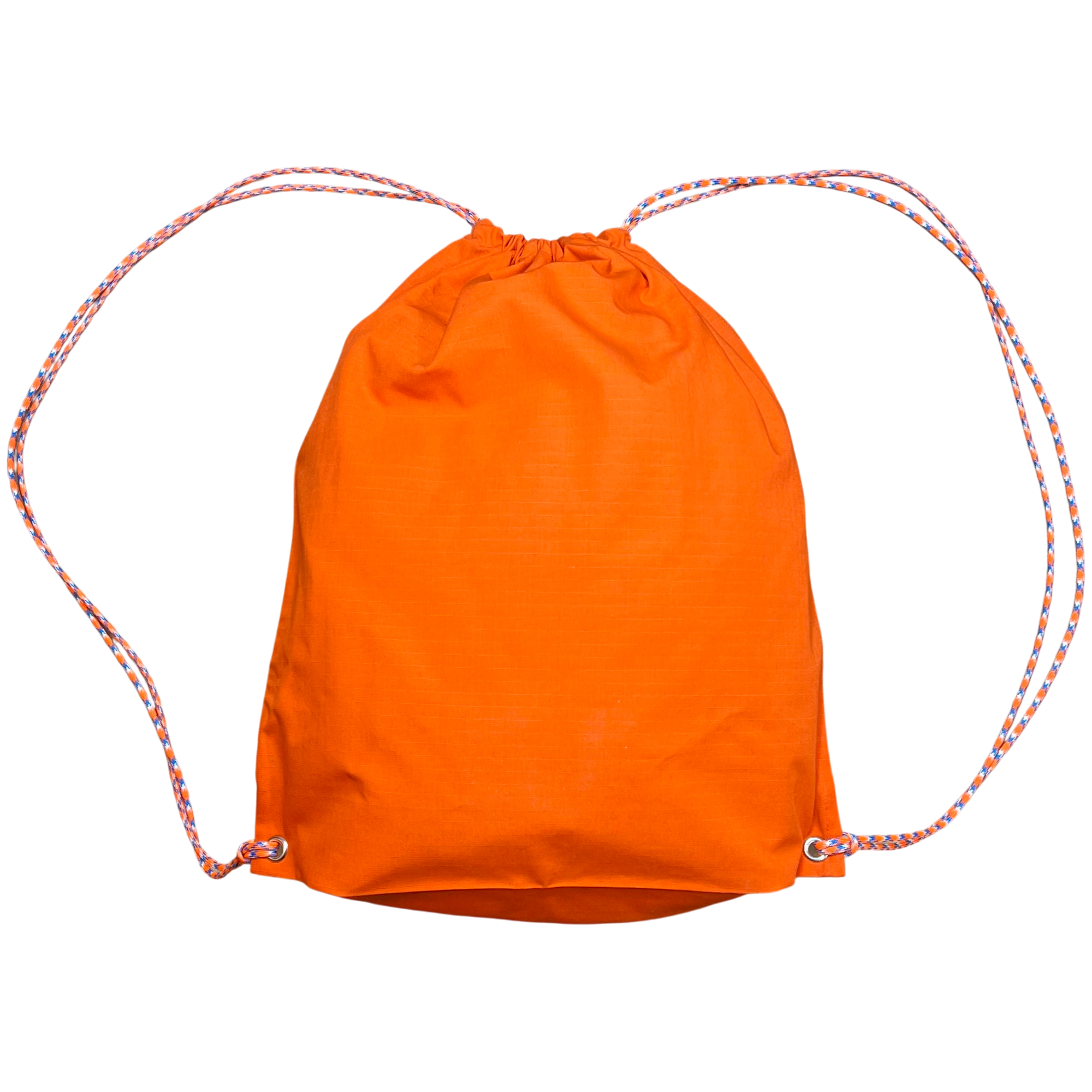 Orange drawstring bag with patterned strings on a white background.