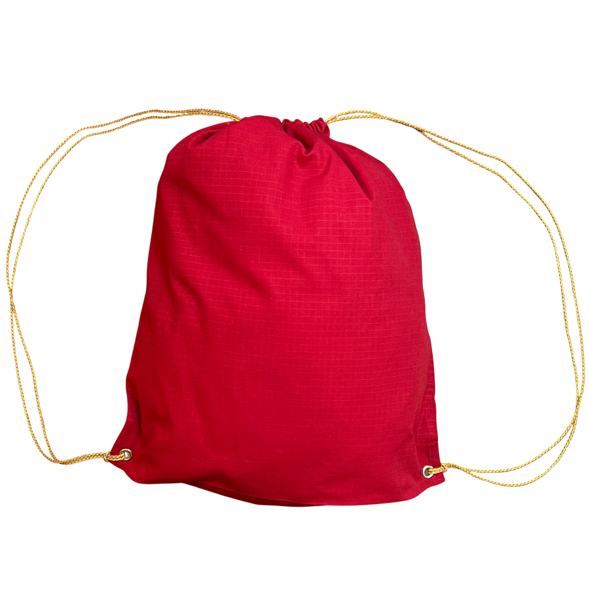 Red drawstring bag on a white background.