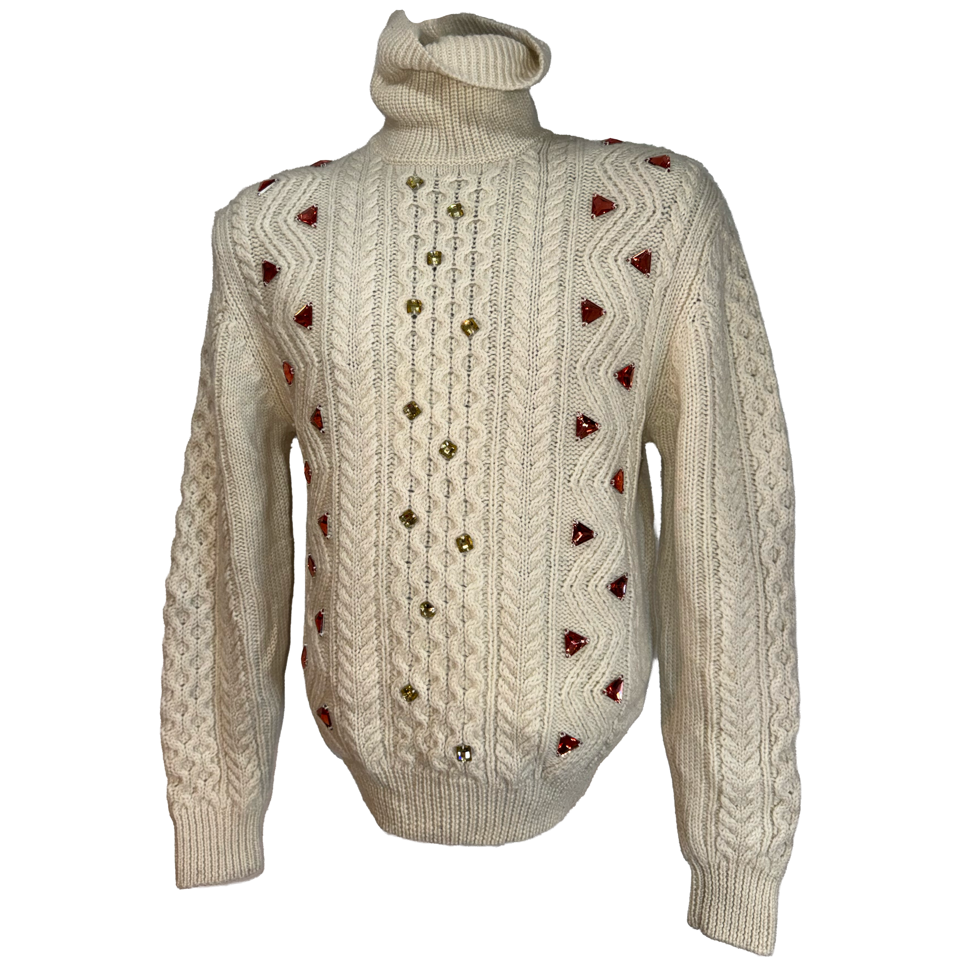 An off-white cable-knit turtleneck sweater with red heart-shaped sequins and a central vertical line of gold and red sequins, displayed on a white background.