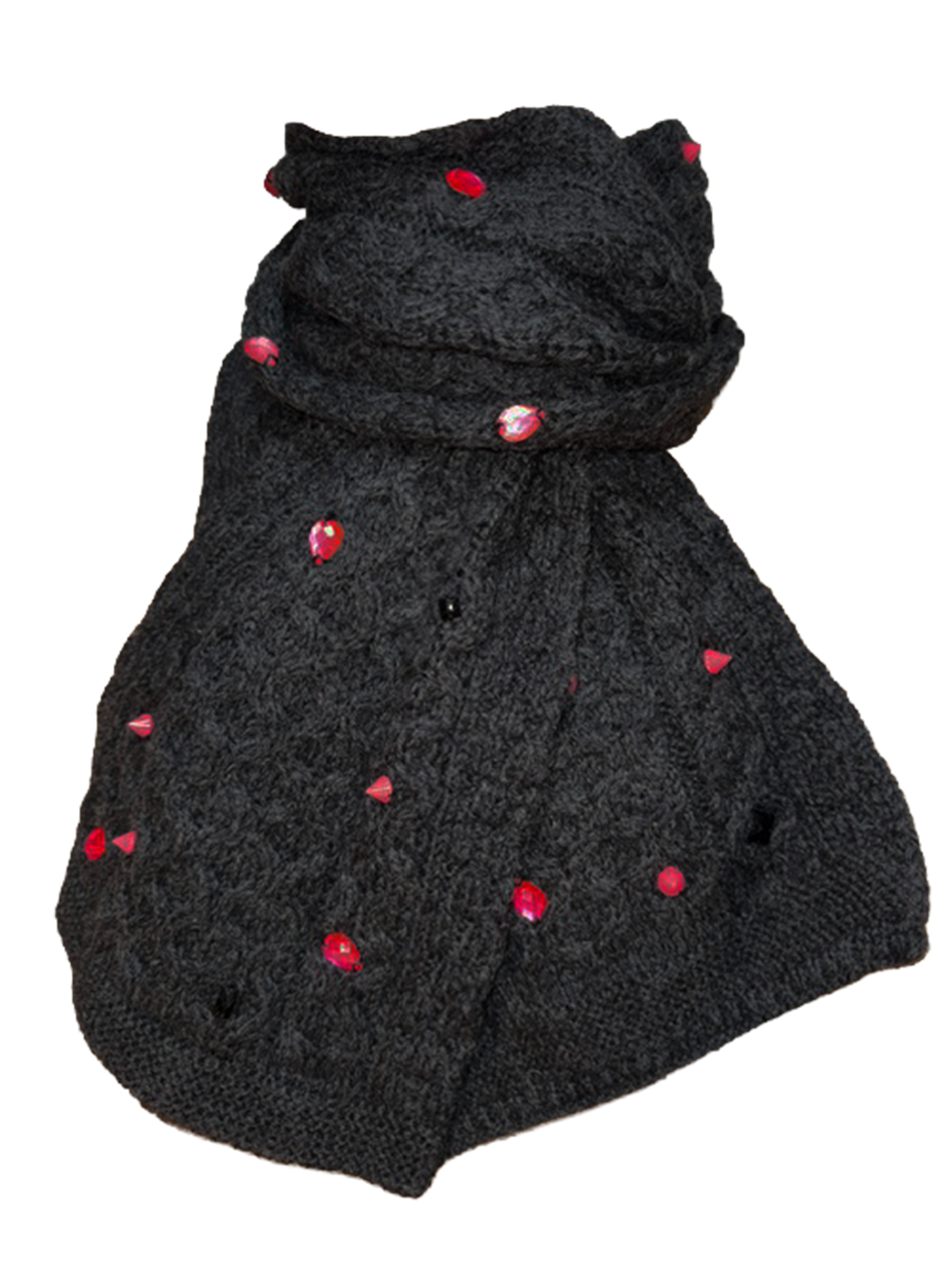 A black knit pet hood or cowl with small red faux jewel embellishments, shown against a plain white background.