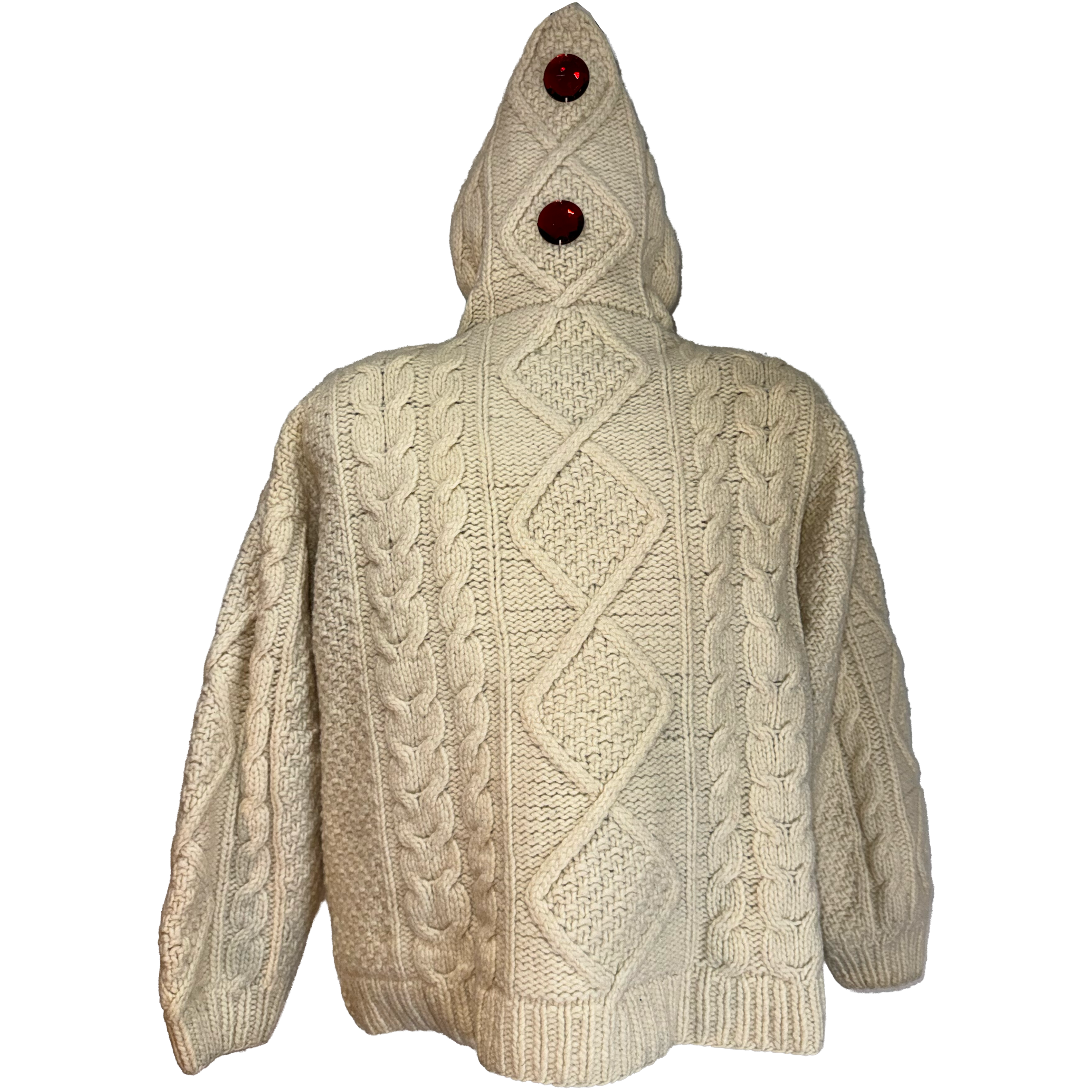 An off-white cable-knit hooded sweater with three red decorative buttons on the hood, shown against a plain white background.