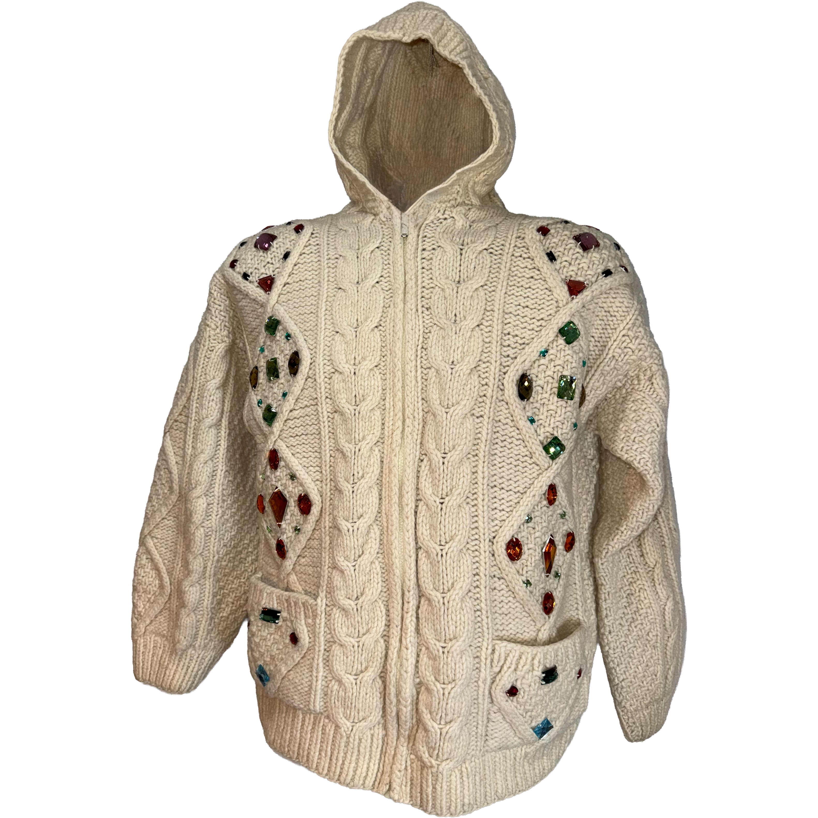 Cream cable-knit zip-up hoodie sweater with colorful rhinestone embellishments on the chest and pockets, shown against a plain white background.