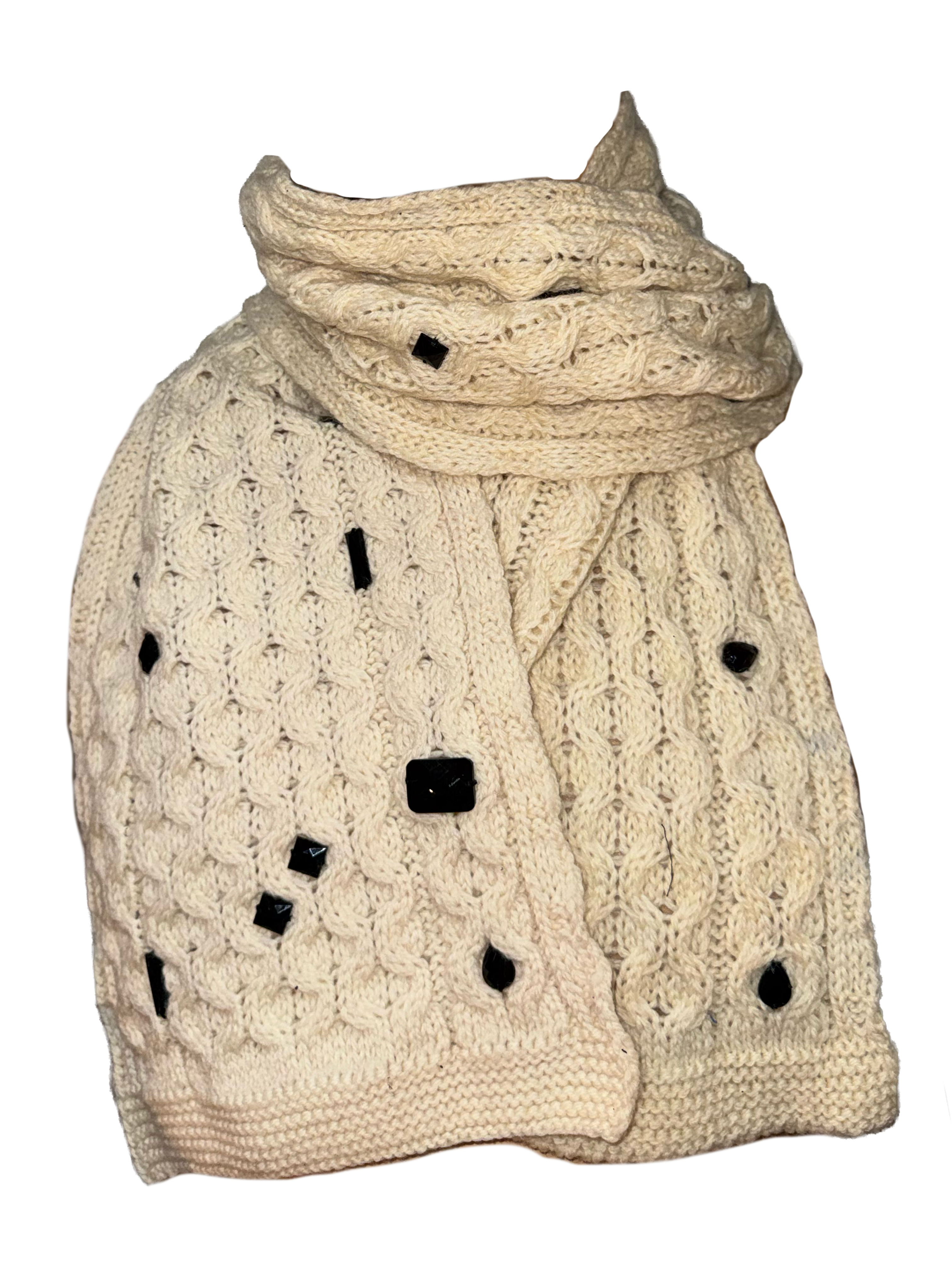 A cream-colored cable-knit cowl scarf with black decorative buttons, shown on a plain white background.