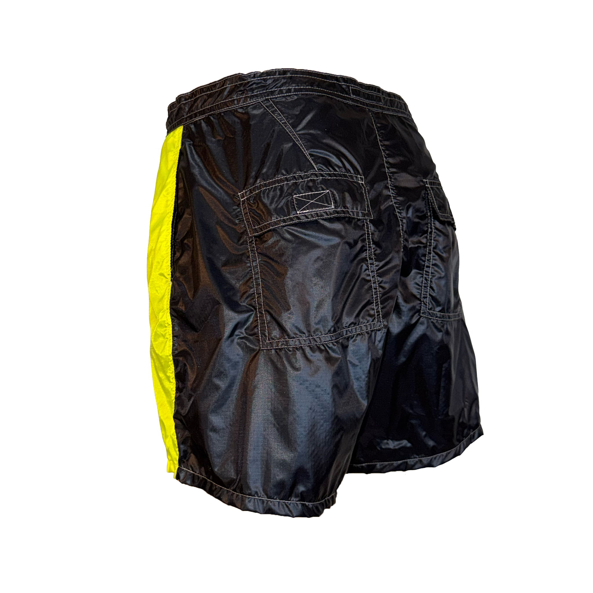 Black athletic shorts with a bright yellow side panel, shown from the back on a white background.