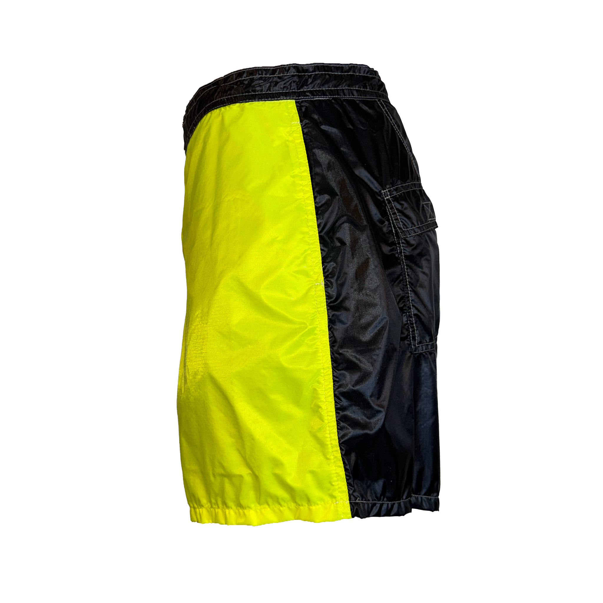A pair of lightweight shorts with a bright neon yellow front panel and black side panels, featuring an elastic waistband and a side cargo pocket, shown against a plain white background.