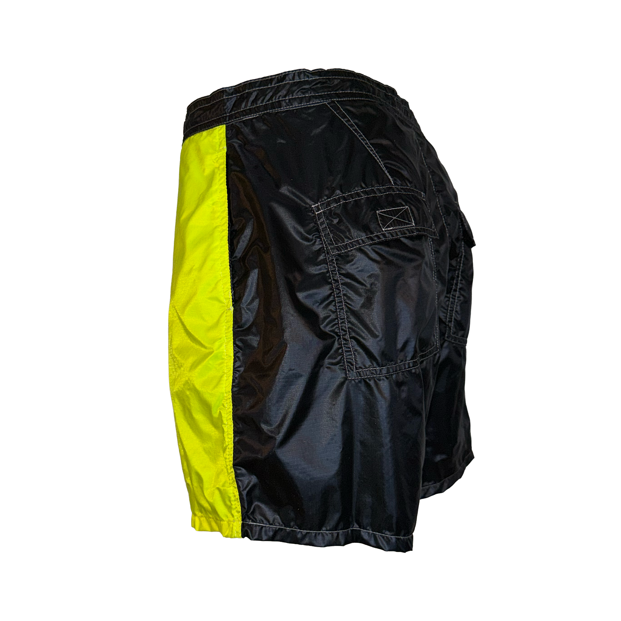 Black athletic shorts with a bright neon yellow side panel, shown from a side profile view against a plain white background.