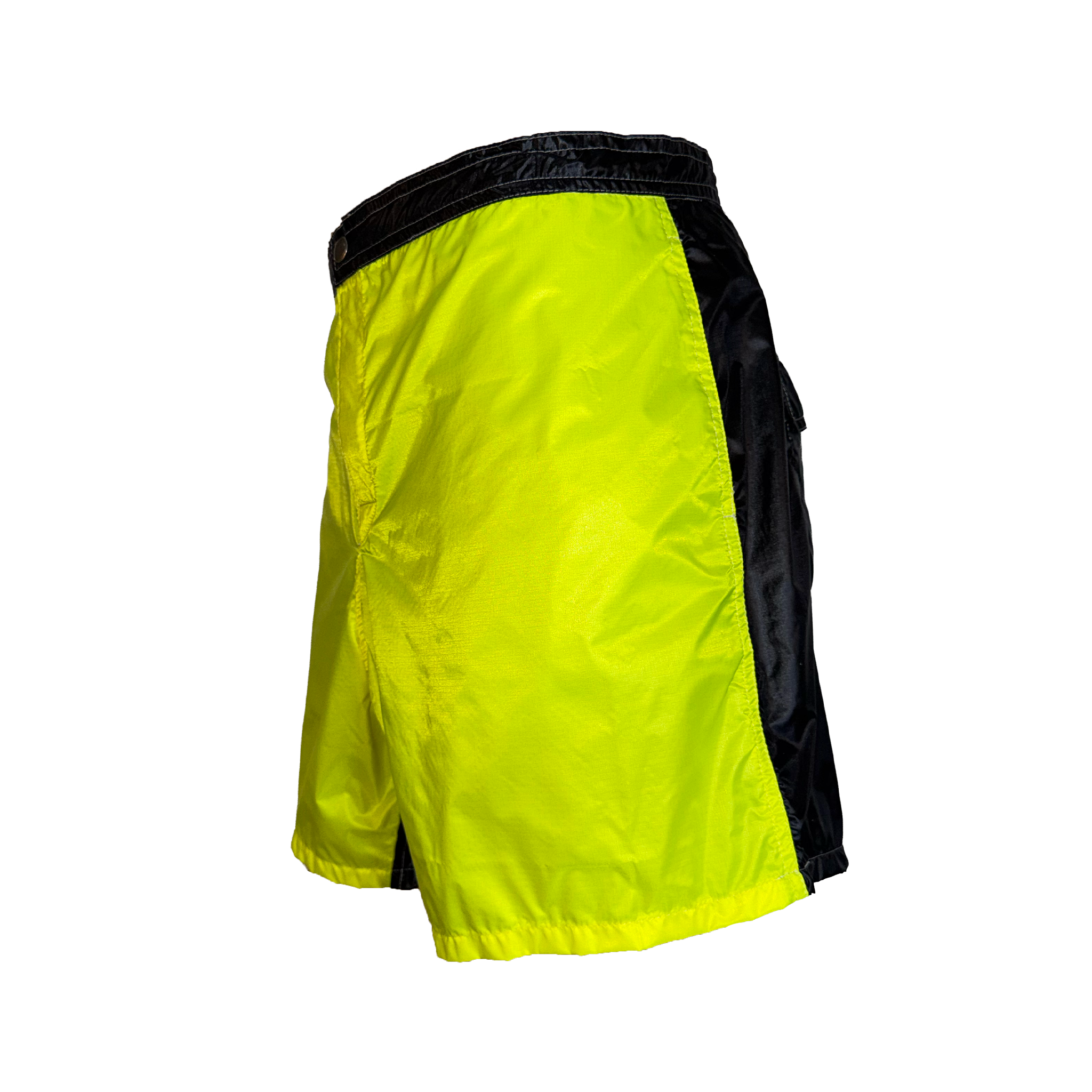 Bright neon yellow athletic shorts with black side panels and a black waistband, shown from a three-quarters angle on a plain white background.