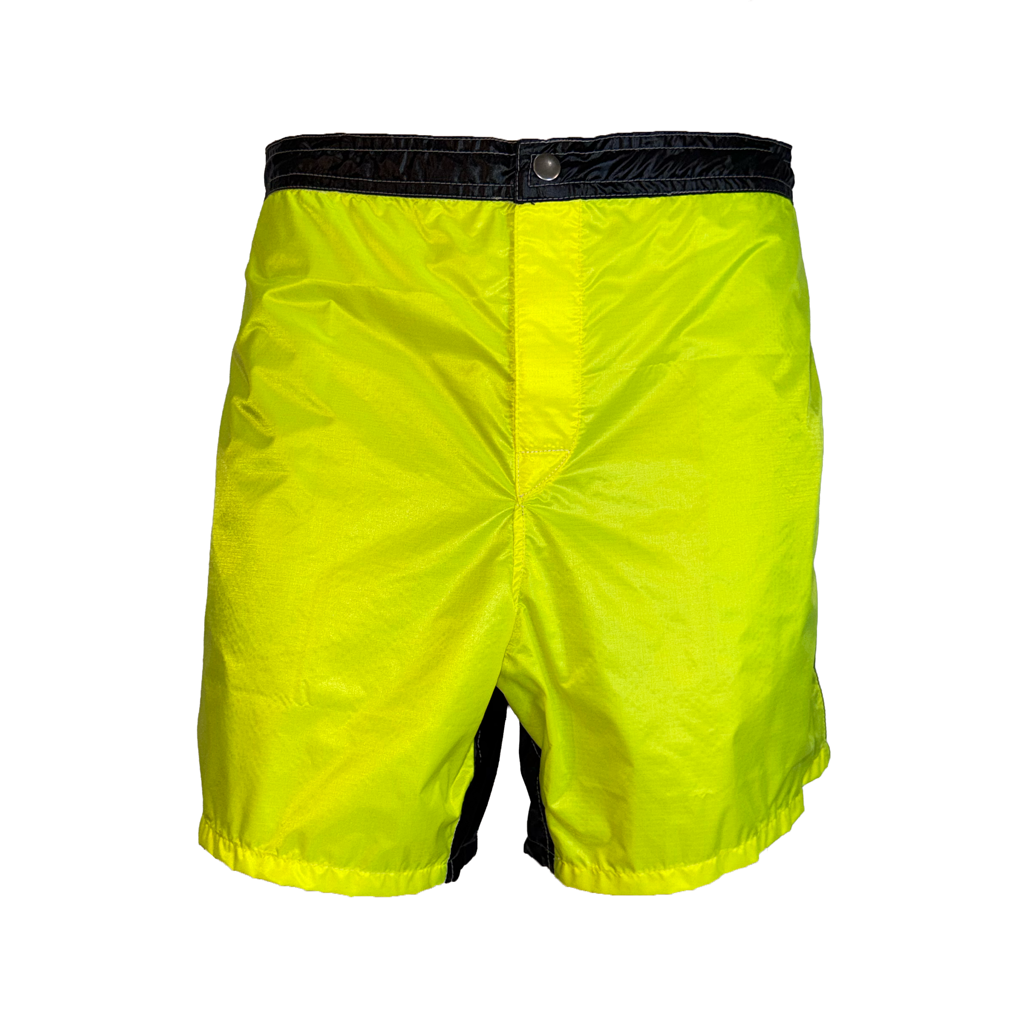 Bright neon yellow athletic shorts with a black waistband and black side panel details, shown against a plain white background.