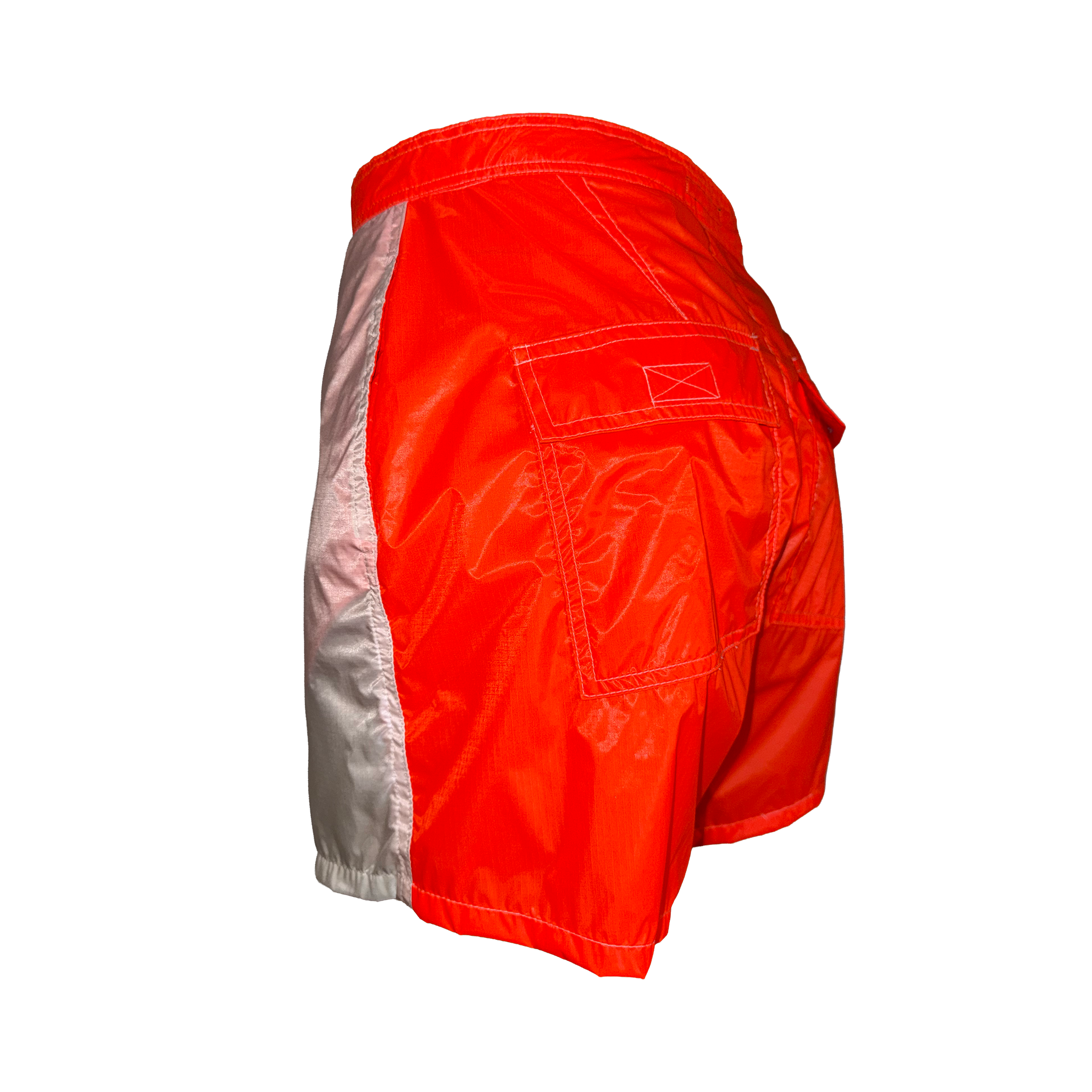 Bright red athletic shorts with a silver side panel, shown from a three-quarters back angle on a white background.