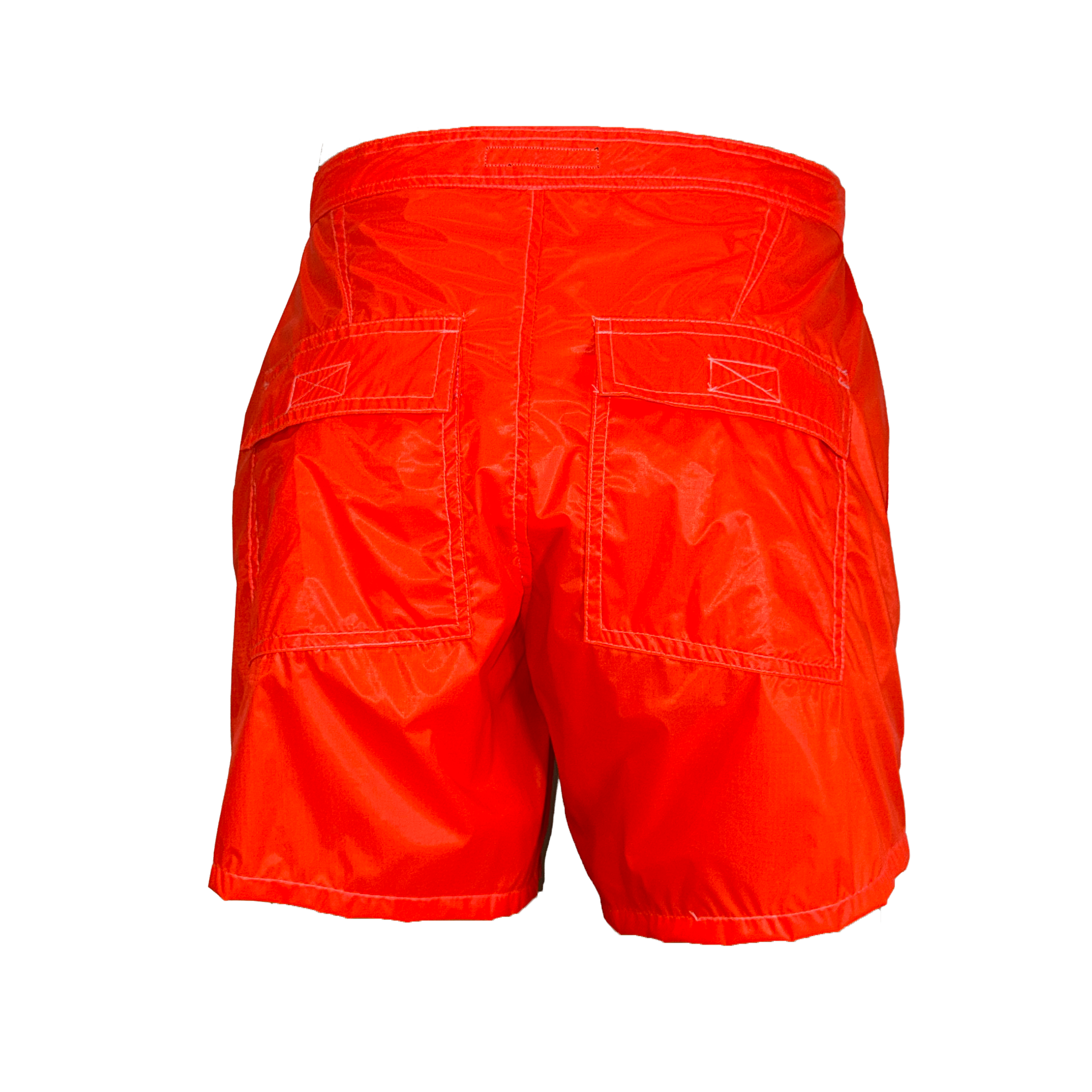 Bright orange-red shorts shown from the back, featuring two large patch pockets with white contrast stitching and a white embroidered logo on the pocket flaps, set against a plain white background.